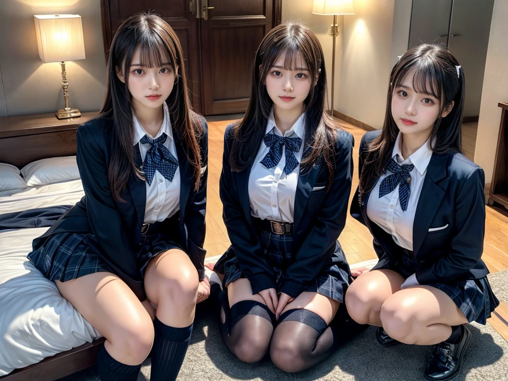 (8K, Raw photography, top-quality, ​masterpiece:1.2), master piece, best quality, illustration, Super detailed, fine details, High resolution, 8K,wall paper, perfect dynamic composition,(Details High quality, realistic depiction of eyes:1.3), ((2 girls, 2 schoolgirls)), The background is a luxury hotel room、High school girl uniform、blazer 、Super Short Check Uniform Skirt、Navy blue high socks、garterbelts、Colossal tits、Disturbed uniform, Play with each other,Touching each other's bodies,Touching the body of the girl next door, short bob hair, black hair color, huge breasts, Big Natural Color Lip, bold sexy pose, (perfect body shape), crying a little、cold gaze,  Beautiful makeup,glitter makeup,Cutest 18 years old, beautiful legs, hposing Gravure Idol, Voluptuous thighs