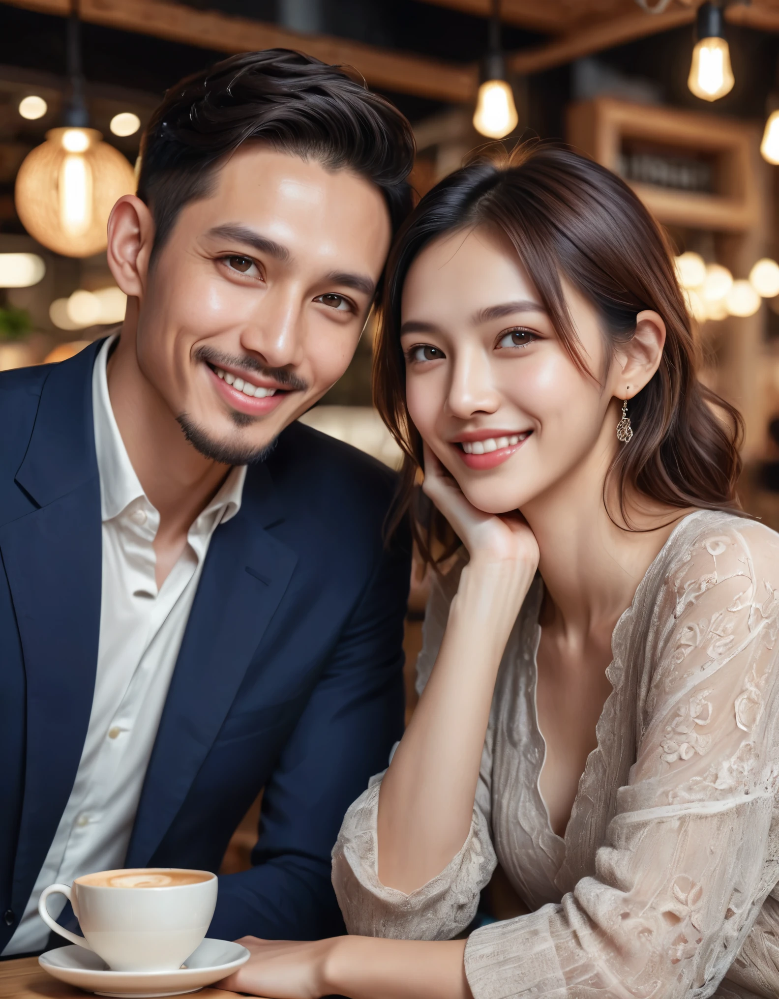 Man and woman sitting together in a cafe、smile、Detailed facial features、Beautiful Eyes、Detailed skin texture、Delicate lips、Elegant pose、Warm lighting、Cozy atmosphere、Photorealistic、8k、High resolution、Cinematic、Dramatic lighting、Bright colors、Intricate details