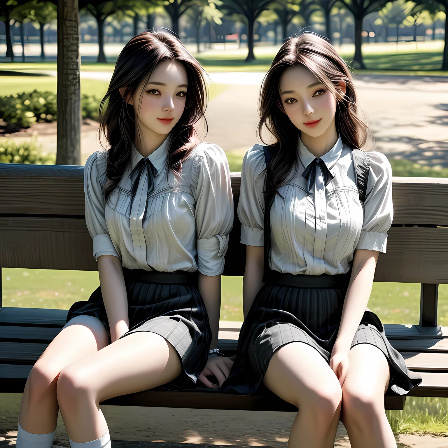 2 mature females, short skirts, long stocking with garter, sitting on bench at the park, daylight, (covered nipples:0.3), photo, photorealistic, photorealism