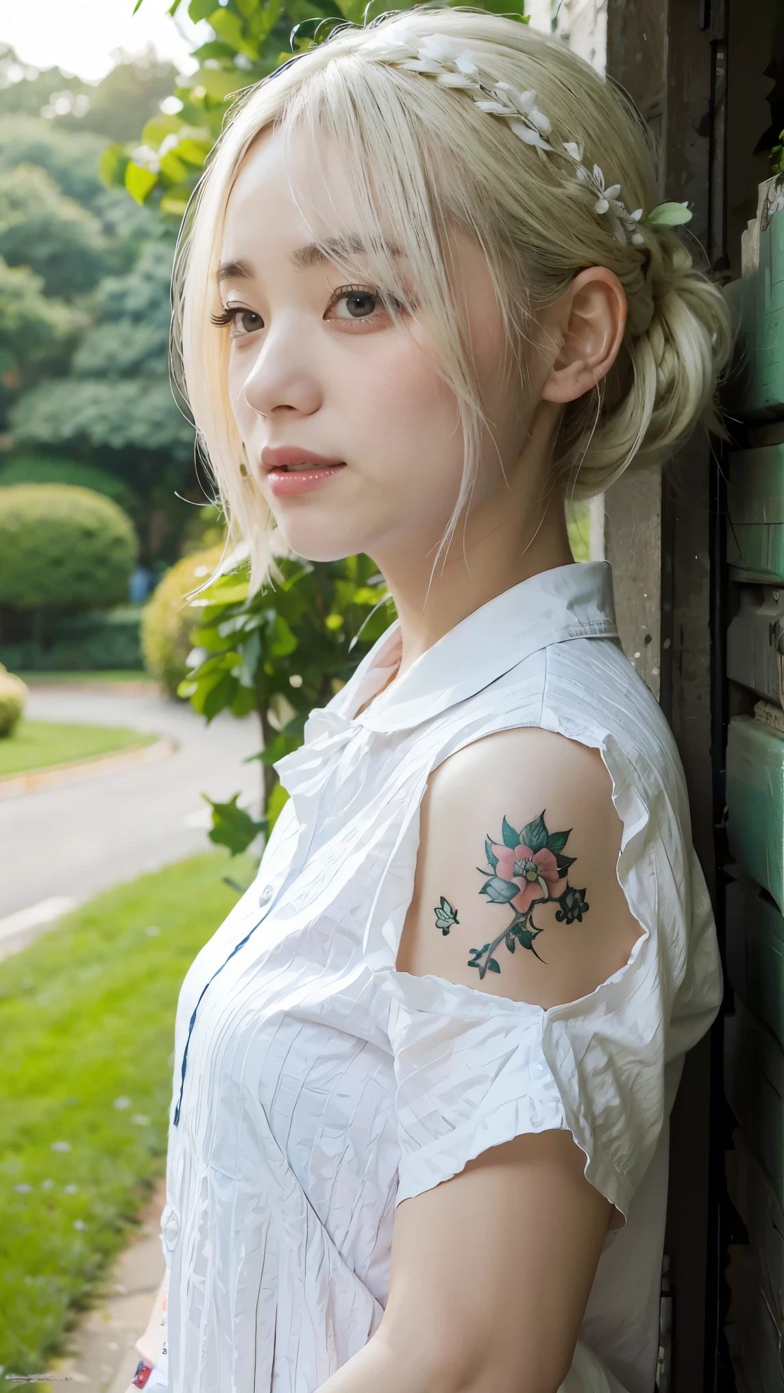 1girl, solo, white_hair, tattoos, grotto, verdant, flowers, beautiful, idyllic, sublime, absurdres, hyper-realism, textured, maximum_detail, dslr 