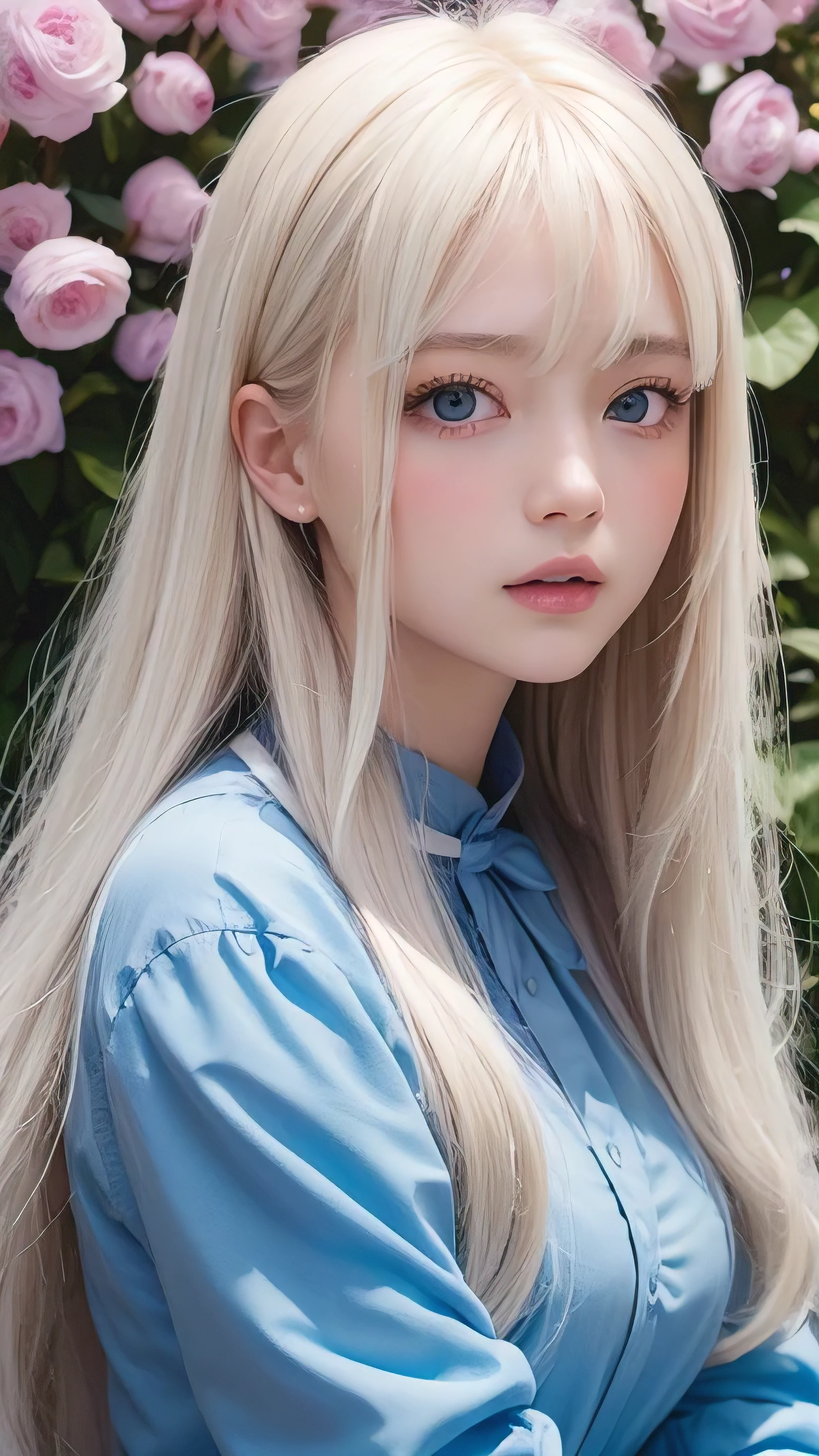 Bright expression、Photorealism、best quality、Ultra-high resolution、picture、Photo of a beautiful girl of Scandinavian descent、Very beautiful girl、Cute and beautiful face,From detail to detail、(Pure complexion_V1:0.008)、Beautiful bangs、Alice in Wonderland、16 years old、Fair and glowing skin、beard、bangs on face、There are bangs between the eyes、Extra-long hair、Charming bright natural platinum blonde super long straight silky highlights、High resolution eyes、Beautiful bright transparent light blue big eyes,charming and shining、White apron、Blue Dress、Eyeliner、Double eyelids、plump breasts、go to sleep、Sleeping on your back、spread