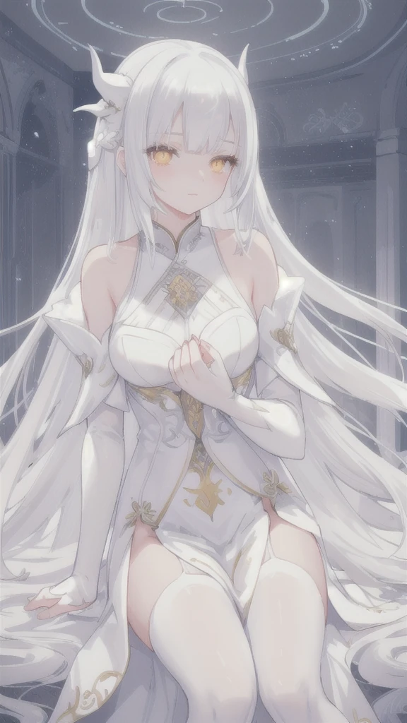 a young woman with long silver hair, white dragon horns, golden eyes, wearing a silver hanfu dress, white silk stockings, highly detailed, 8k, photorealistic, elegant, ethereal, fantasy, mystical, magical, beautiful, flowing silver hair, intense gaze, delicate facial features, porcelain skin, ornate silver and white dress, graceful posture, white silk stockings, fantasy environment, glowing lights, atmospheric lighting
