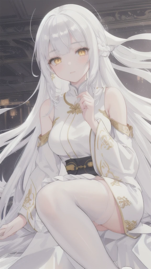 a young woman with long silver hair, white dragon horns, golden eyes, wearing a silver hanfu dress, white silk stockings, highly detailed, 8k, photorealistic, elegant, ethereal, fantasy, mystical, magical, beautiful, flowing silver hair, intense gaze, delicate facial features, porcelain skin, ornate silver and white dress, graceful posture, white silk stockings, fantasy environment, glowing lights, atmospheric lighting