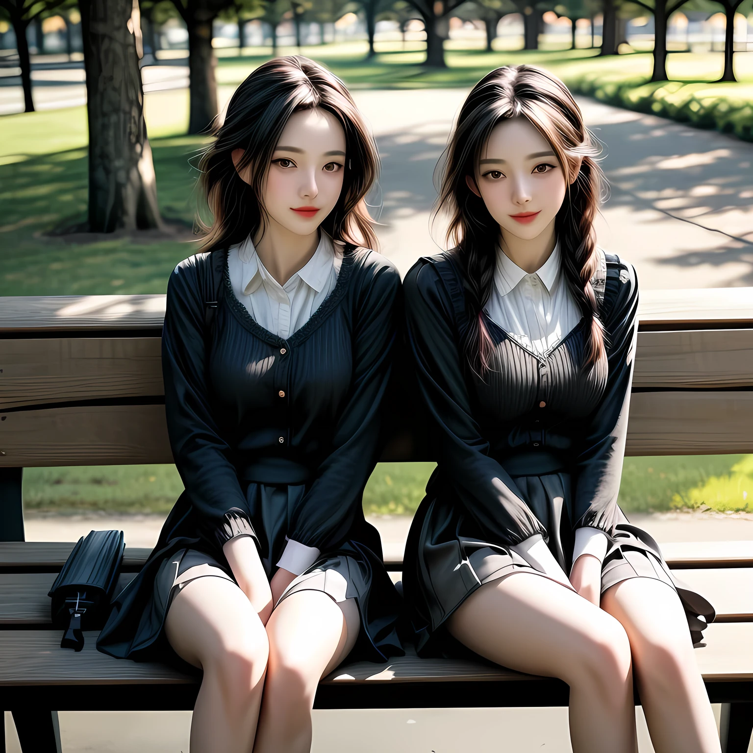 2 mature females, short skirts, long stocking with garter, sitting on bench at the park, daylight, (covered nipples:0.3), photo, photorealistic, photorealism
