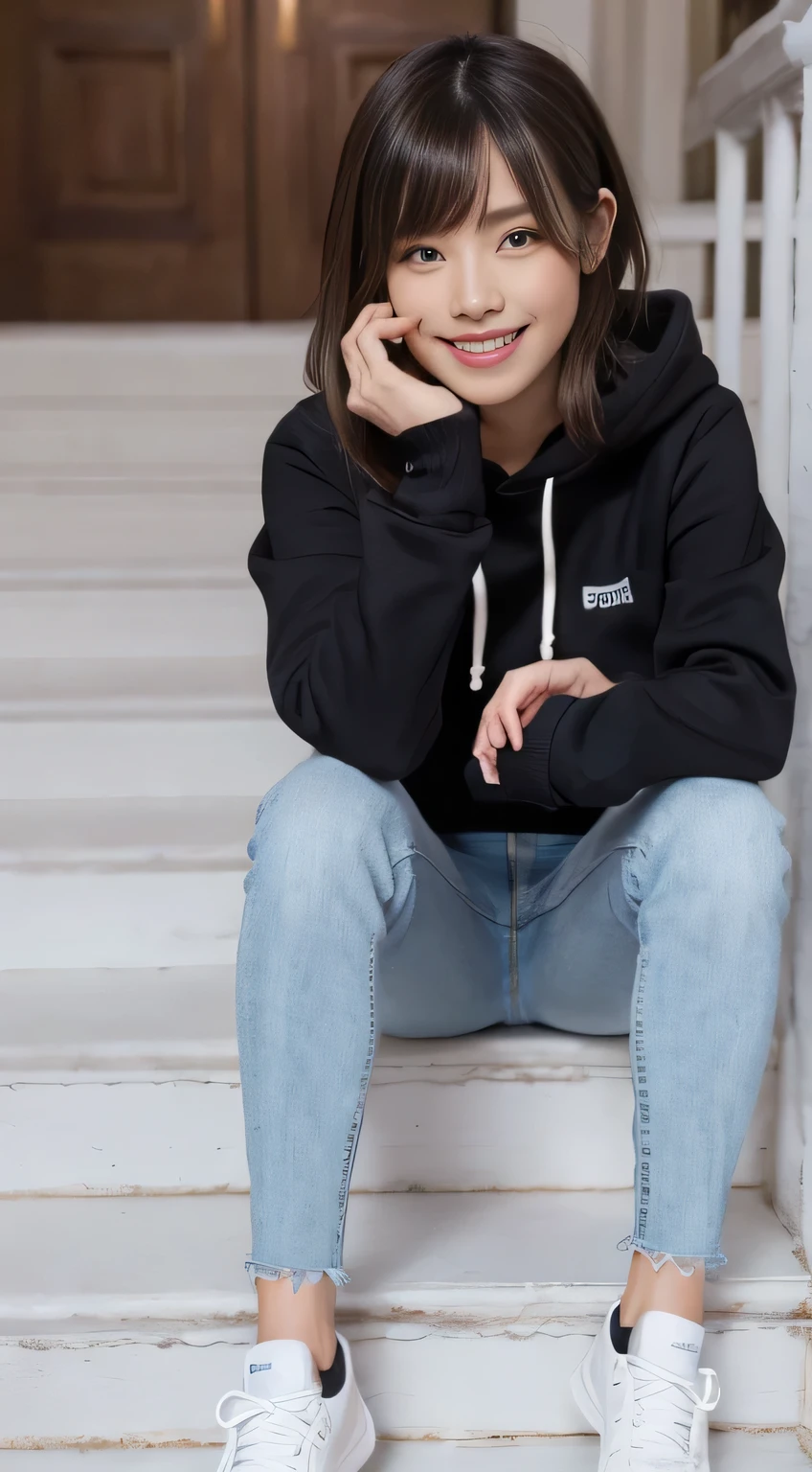 highest quality, Realistic, Very detailed, Finer details, High resolution, 8k wallpaper, One beautiful woman,Sit on the stairs、（Wear black socks）smile、（Beautiful teeth alignment、）（Gums are visible） Oversized hoodie, Skinny jeans,（ Black sneakers）、Black Hair、 Beautiful Bangs、ear piercing、Perfect dynamic composition, Beautiful and detailed, Full Body Shot, A big smile brown hair
