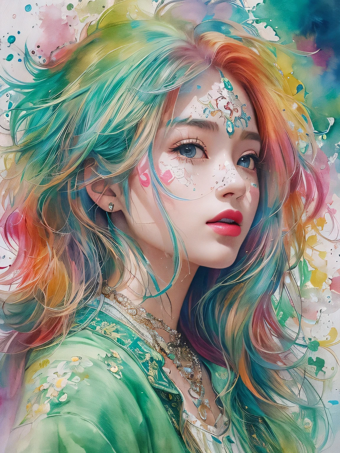 Masayo Style、(((stylish fashion))), 8K Quality、Intense watercolor, Detailed watercolor art, Watercolor splash, Surreal, avant-garde pop art, Beautiful and expressive paintings, Beautiful artwork illustration, Very colorful tones, wonderful, Cool beauty, highest quality、Official Art, Vector art, Stylish design, (((The most beautiful girl))), (((highest quality))), HDR, ((detailed)), (((Doodle Art)), ((masterpiece)), ((Super detailed)), (((Stylish))),