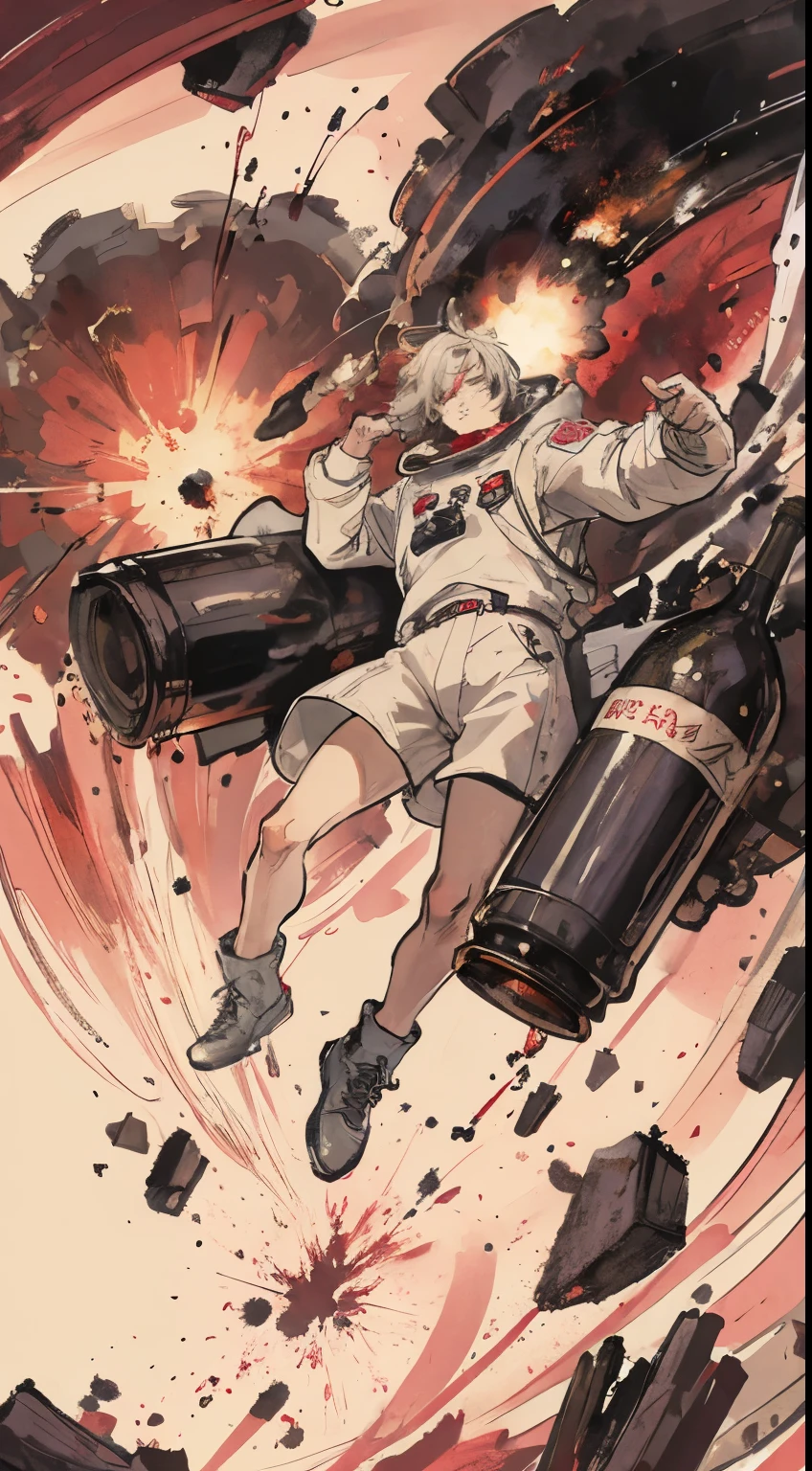 (High image quality+1.5)Lots of wine bottles,red wine,White wine,Big Explosion,astronaut