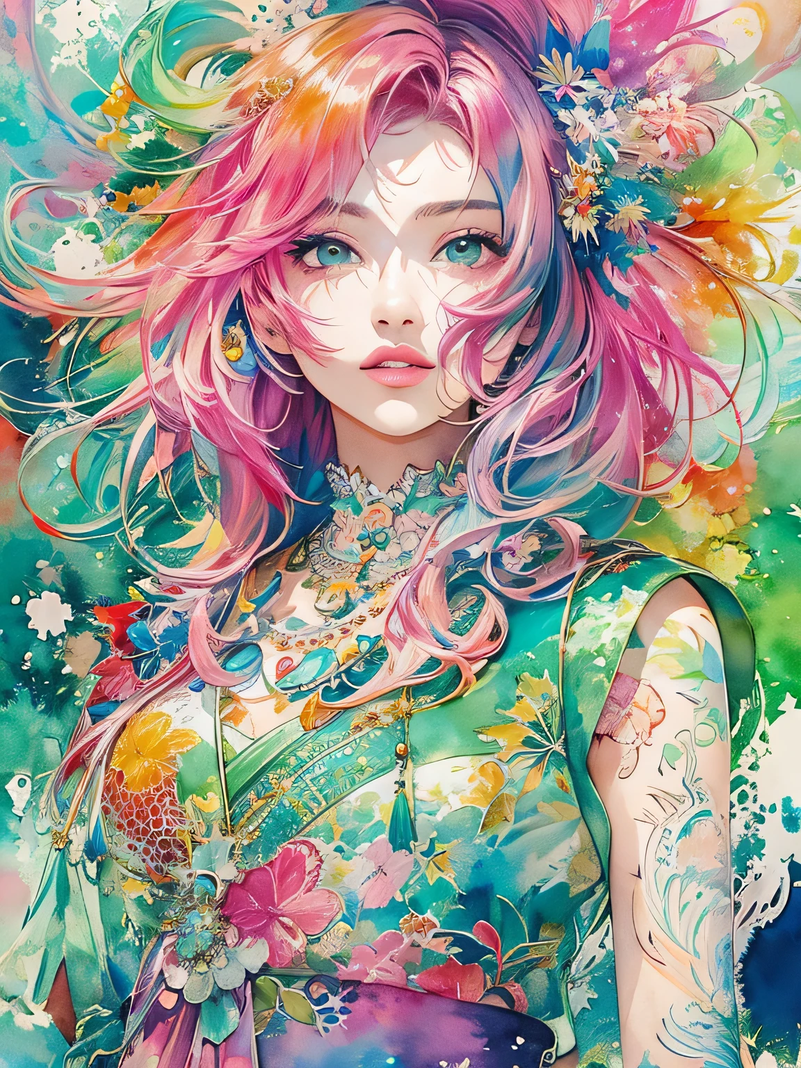Masayo Style、(((stylish fashion))), 8K Quality、Intense watercolor, Detailed watercolor art, Watercolor splash, Surreal, avant-garde pop art, Beautiful and expressive paintings, Beautiful artwork illustration, Very colorful tones, wonderful, Cool beauty, highest quality、Official Art, Vector art, Stylish design, (((The most beautiful girl))), (((highest quality))), HDR, ((detailed)), (((Doodle Art)), ((masterpiece)), ((Super detailed)), (((Stylish))),