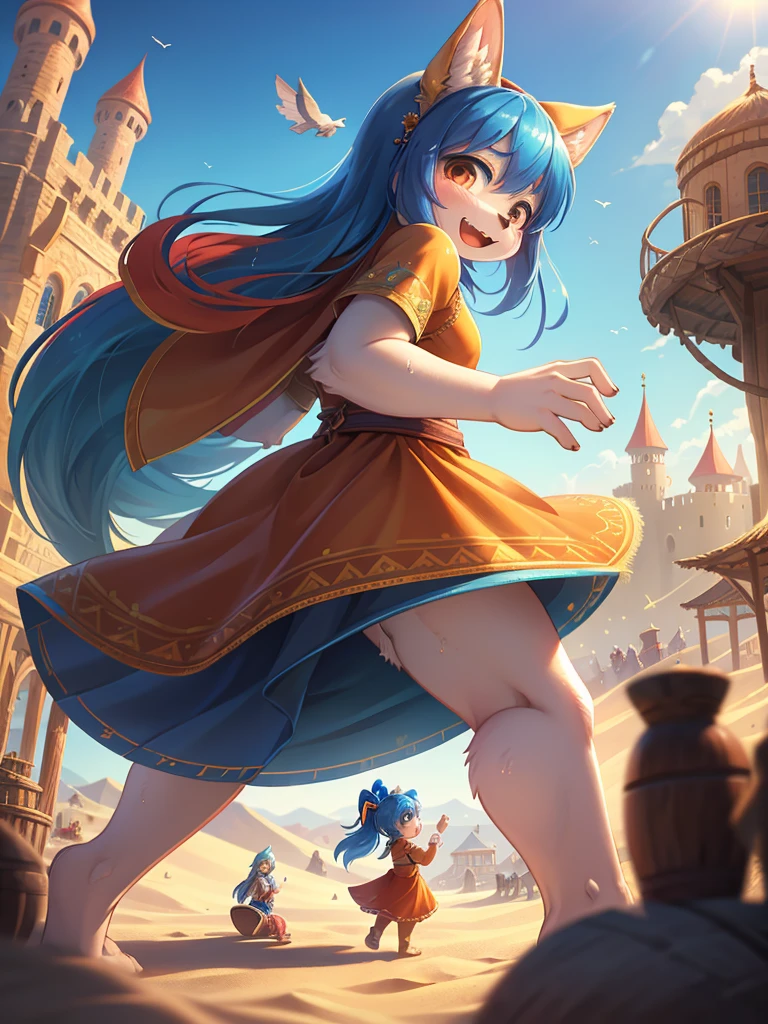 Unrealistic Perspective , dynamic angle , rule of thirds Layout , Bokeh , dynamic fashion model action , realistic hairy fur , round face , moist round eyes , Swollen cheeks , hair ties , Short stature , accidents , Happenings , sensational , front view , back view , side view , from above , from below , Joy, anger, sorrow, and happiness , masterpiece, highest quality, alone, One girl, Orange Hair, Blue Hair, :d, Orange Dress, View Viewer, Outdoor, sand, sand dunes, Huge castle, Are standing, whole body, Cowboy Shot, Hands on hips, jump , dance , squad , standing , sit , lying down , lying back , Desert Market , merchant , (flying carpet:1.2) , Fluttering in the wind , flying scene , zoom blur , caravan , Floating Island of Abundance