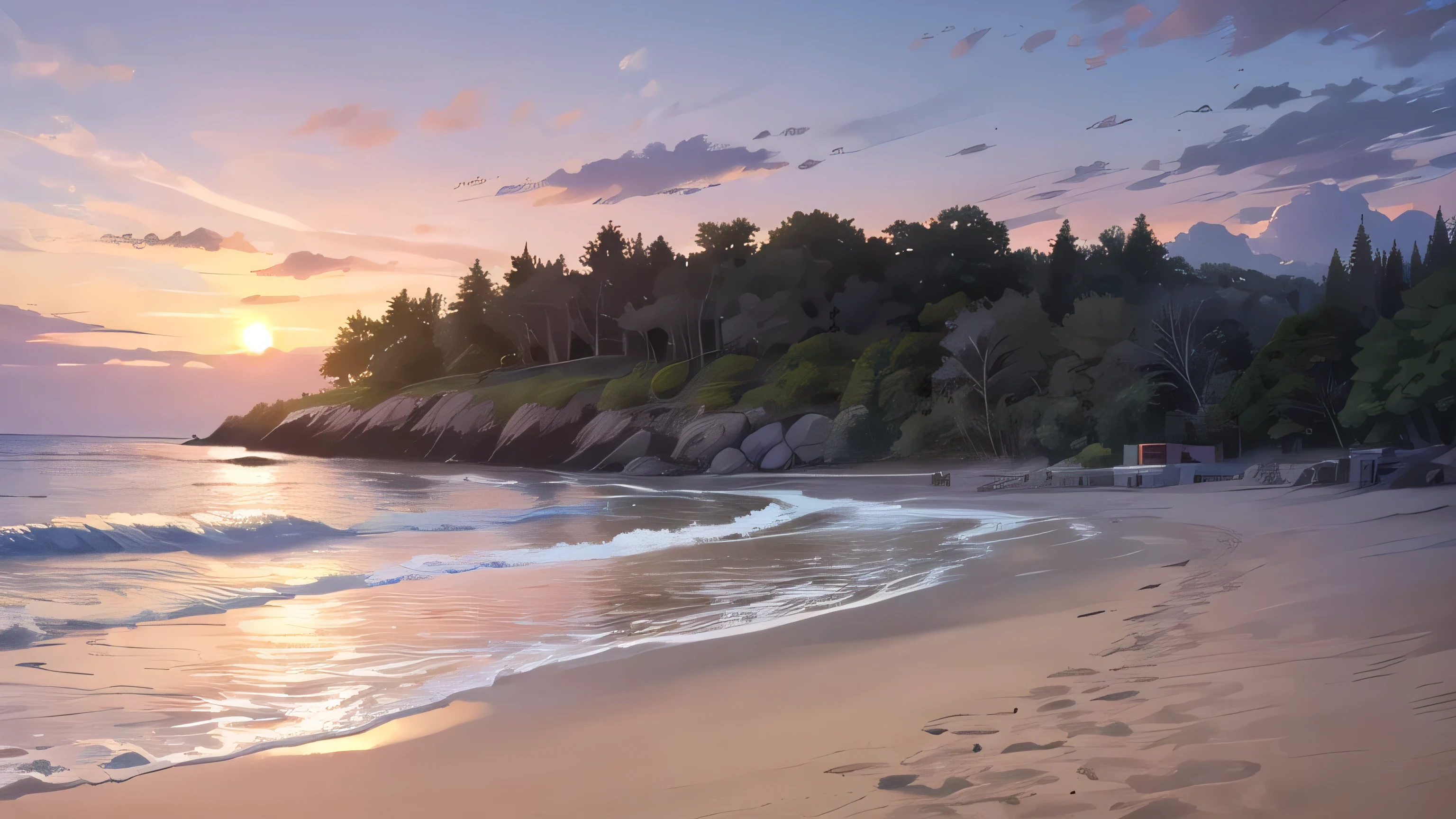 Black sheep sleeping on the beach at sunset