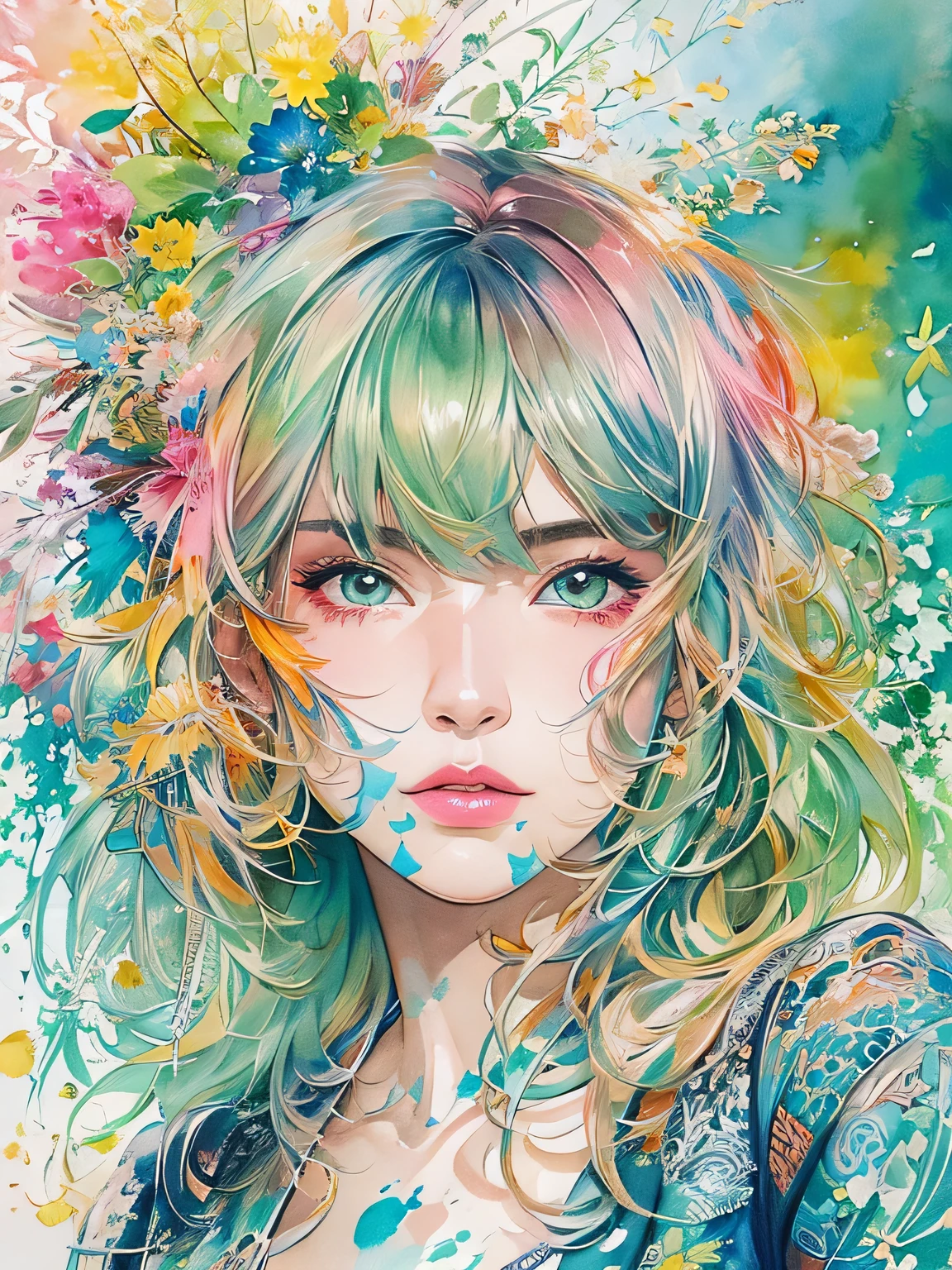 Masayo Style、(((stylish fashion))), 8K Quality、Intense watercolor, Detailed watercolor art, Watercolor splash, Surreal, avant-garde pop art, Beautiful and expressive paintings, Beautiful artwork illustration, Very colorful tones, wonderful, Cool beauty, highest quality、Official Art, Vector art, Stylish design, (((The most beautiful girl))), (((highest quality))), HDR, ((detailed)), (((Doodle Art)), ((masterpiece)), ((Super detailed)), (((Stylish))),