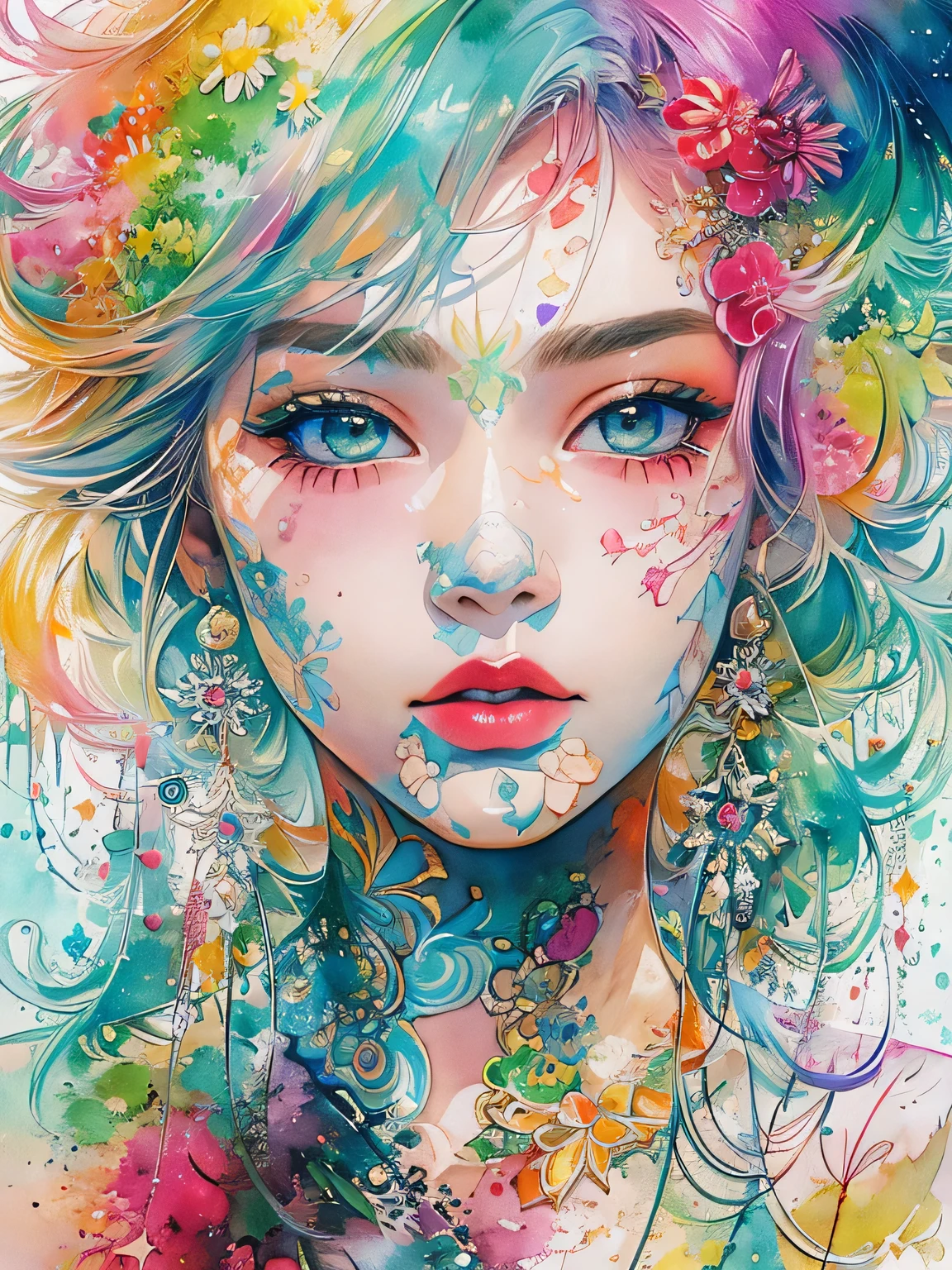 Masayo Style、(((stylish fashion))), 8K Quality、Intense watercolor, Detailed watercolor art, Watercolor splash, Surreal, avant-garde pop art, Beautiful and expressive paintings, Beautiful artwork illustration, Very colorful tones, wonderful, Cool beauty, highest quality、Official Art, Vector art, Stylish design, (((The most beautiful girl))), (((highest quality))), HDR, ((detailed)), (((Doodle Art)), ((masterpiece)), ((Super detailed)), (((Stylish))),