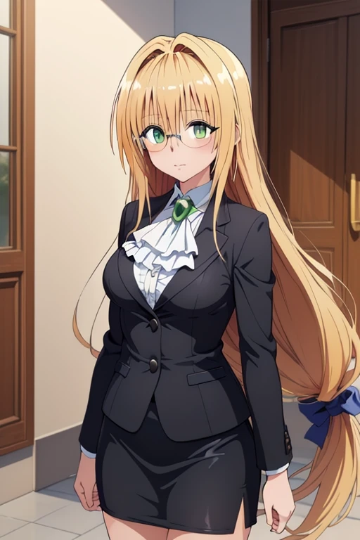 (masterpiece, best quality), 1girl, aatearju, very long hair, low-tied long hair, hair ribbon, green eyes, glasses, large breasts, white ascot, black jacket, long sleeves, black skirt