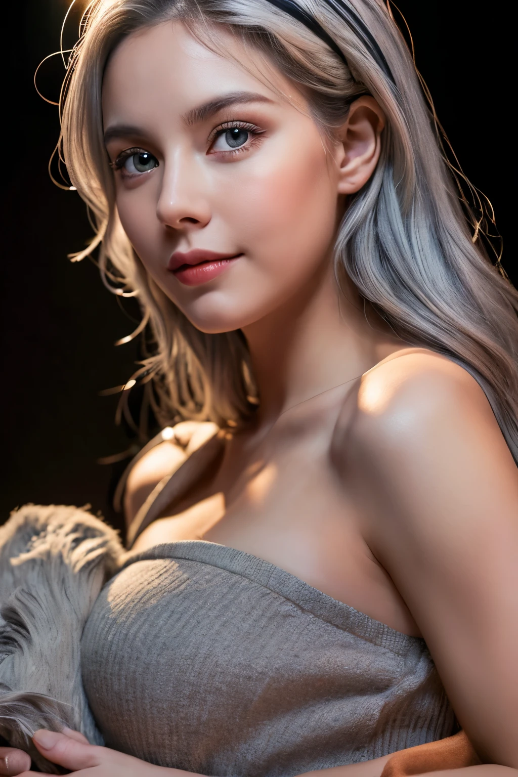 highest quality, masterpiece, Ultra-high resolution, (Realistic: 1.4), RAW Photos, One girl, Off the shoulder, Cinema Lighting, Kiss pose, Heterochromia iridis, Gray Hair, Gray Hair