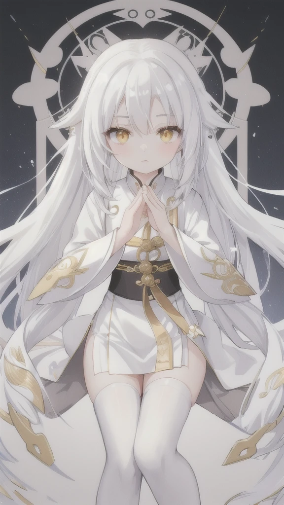 Long silver hair,white dragon horn,Golden Eyes,silver hanfu,white stockings