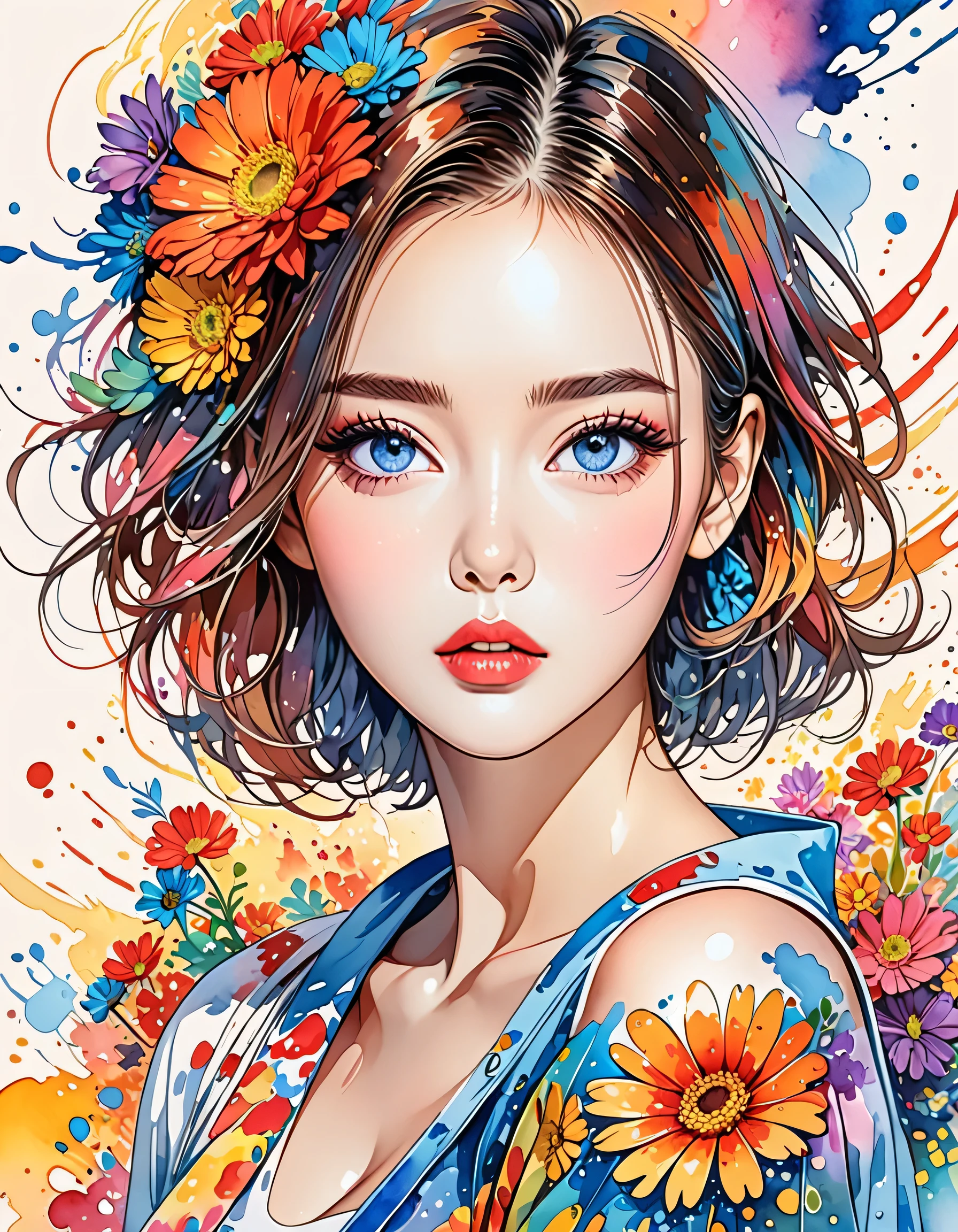 Micho Style、(((stylish fashion))), 8K Quality、Intense watercolor, Detailed watercolor art, Watercolor splash, Surreal, avant-garde pop art, Beautiful and expressive paintings, Beautiful artwork illustration, Very colorful tones, wonderful, Cool beauty, highest quality、Official Art, Vector art, Stylish design, (((The most beautiful girl))), (((highest quality))), HDR, ((detailed)), (((Doodle Art)), ((masterpiece)), ((Super detailed)), (((Colorful flowers))),(((Stylish))),