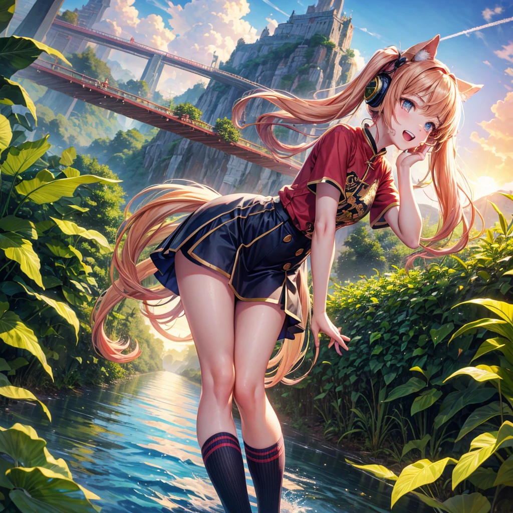 Pink Blue Gold Golden Hair、Golden Eyes、Two good looking girls、Twin tails、solo、anime、Checkered mini skirt、The skirt has buttons、Red T-shirt、China、Cape、Black knee-high socks、Wearing headphones、Wearing a ribbon、Ribbon on waist、Tilting face、Teeth are visible、Sunset sky、Water Mountain、Piercing the clouds、Contrail、Glasses、tree、Touching your face、lotus leaves、canal、Cumulonimbus、bamboo forest、Facing each other