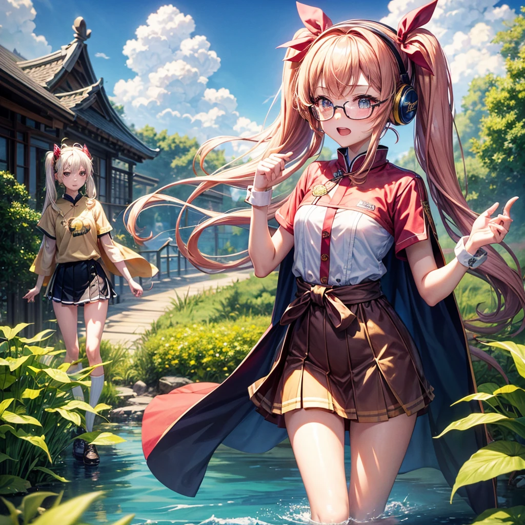 Pink Blue Gold Golden Hair、Golden Eyes、Two good looking girls、Twin tails、solo、anime、Checkered mini skirt、The skirt has buttons、Red T-shirt、China、Cape、Black knee-high socks、Wearing headphones、Wearing a ribbon、Ribbon on waist、Tilting face、Teeth are visible、Sunset sky、Water Mountain、Piercing the clouds、Contrail、Glasses、tree、Touching your face、lotus leaves、canal、Cumulonimbus、bamboo forest、Facing each other