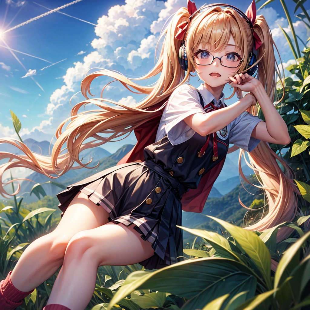 Pink Blue Gold Golden Hair、Golden Eyes、Two good looking girls、Twin tails、solo、anime、Checkered mini skirt、The skirt has buttons、Red T-shirt、China、Cape、Black knee-high socks、Wearing headphones、Wearing a ribbon、Ribbon on waist、Tilting face、Teeth are visible、Sunset sky、Water Mountain、Piercing the clouds、Contrail、Glasses、tree、Touching your face、lotus leaves、canal、Cumulonimbus、bamboo forest、Facing each other