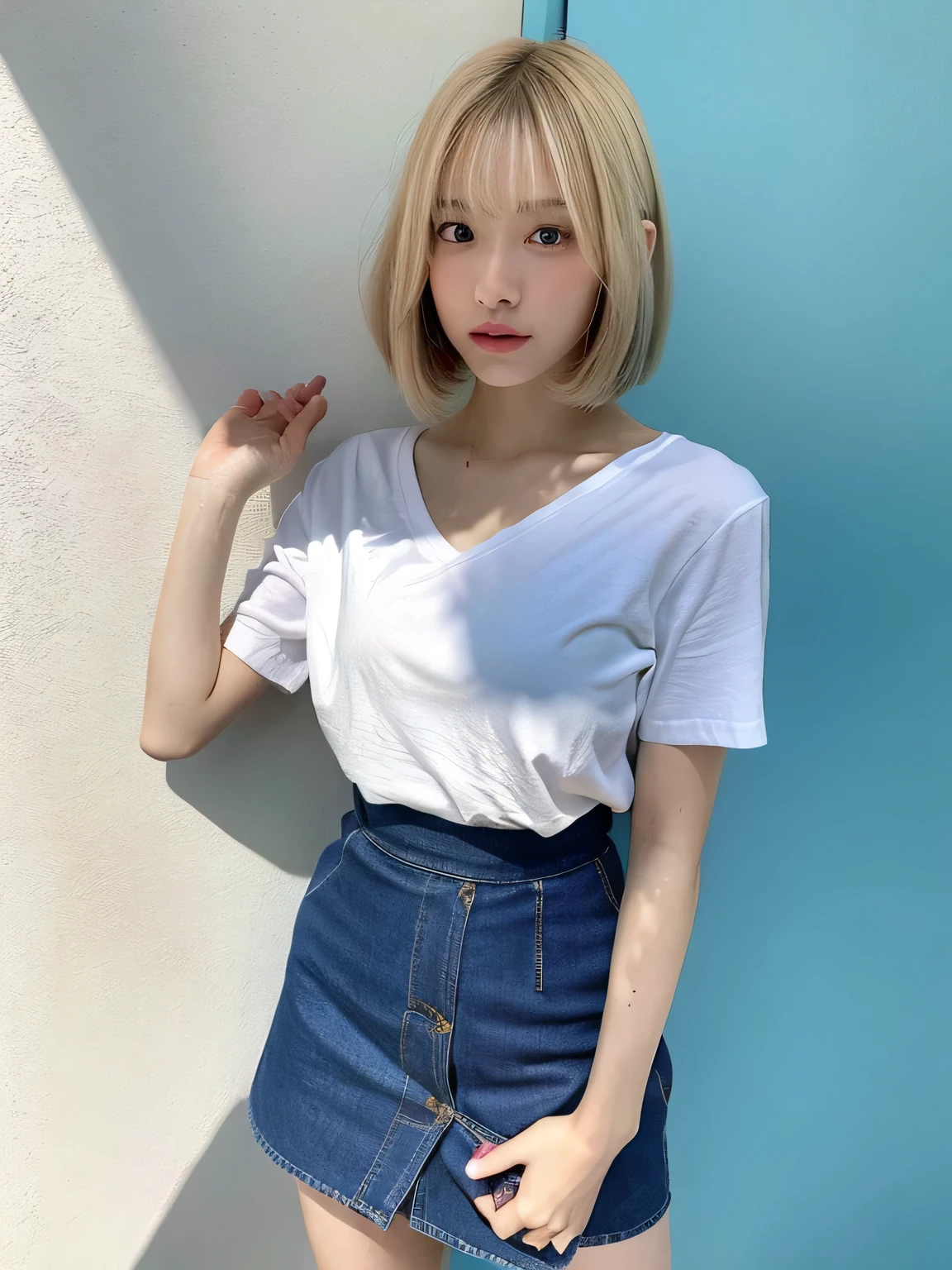 one person、16 years old、Full body photo、slender、woman、White drool coming out of the mouth、short hair、Blonde、  Fair skin, messy hair, super cute、Soft and Face、8K resolution、Surreal、Ultra high definition、 A-cup small breasts（（Highest resolution、8k、masterpiece：1.3））、Ultra-fine face、Ultra Fine Lips、Beautiful Eyes、double eyelid,Light blue wall、Purple open front shirt:1.1、Yellow mini skirt、Thighs、thin,Thighs are visible、Shapely small breasts、