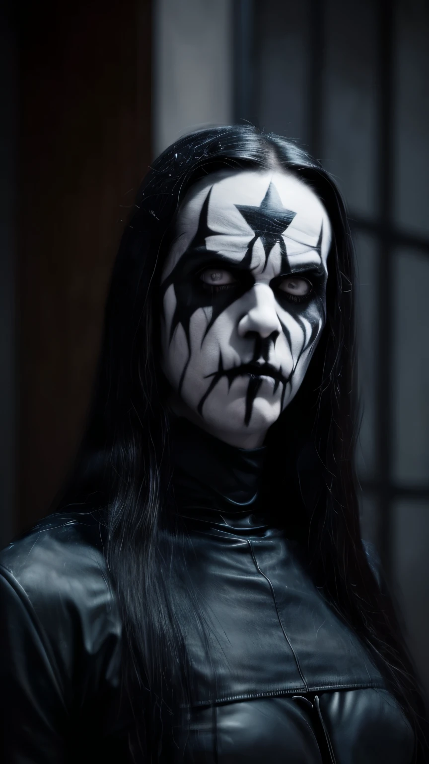 (masterpiece, best quality:1.2), (((1man, male))) , solo, highres, best quality, Half body shot of a strong Man, pale white skin angry man with (((black metal corpsy paint))), ((wtruff4 face, Angry face)) , heavy White and ((Black face paint, corpse paint)) wearing a black and silver armor, spike, in a gothic cemitery, at night, horror movie. high details, super detail, textured skin, masterpiece, UHD, 4K, 8k. ((Cinematic lighting)). Church on fire background 