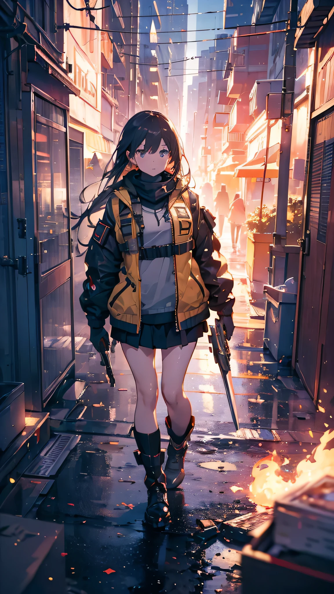 ((highest quality)), ((masterpiece)), 8k, One Girl, Bulletproof vest, Light, Highly detailed CG Unity 8k ,Beautiful detailed girl,Fine grain, Detailed face, View your audience, gloves, boots, whole body,  computer,  Drone, Have a weapon, Jacket, (Background Destroyed city) , explosion , cigarette