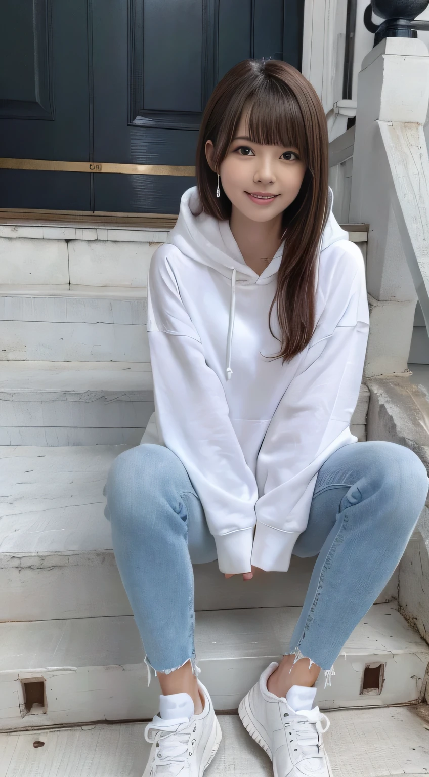 highest quality, Realistic, Very detailed, Finer details, High resolution, 8k wallpaper, One beautiful woman,Sit on the stairs、（Wear black socks）smile、（Beautiful teeth alignment、）（Gums are visible） Oversized hoodie, Skinny jeans,（ Black sneakers）、Black Hair、 Beautiful Bangs、ear piercing、Perfect dynamic composition, Beautiful and detailed, Full Body Shot, A big smile brown hair