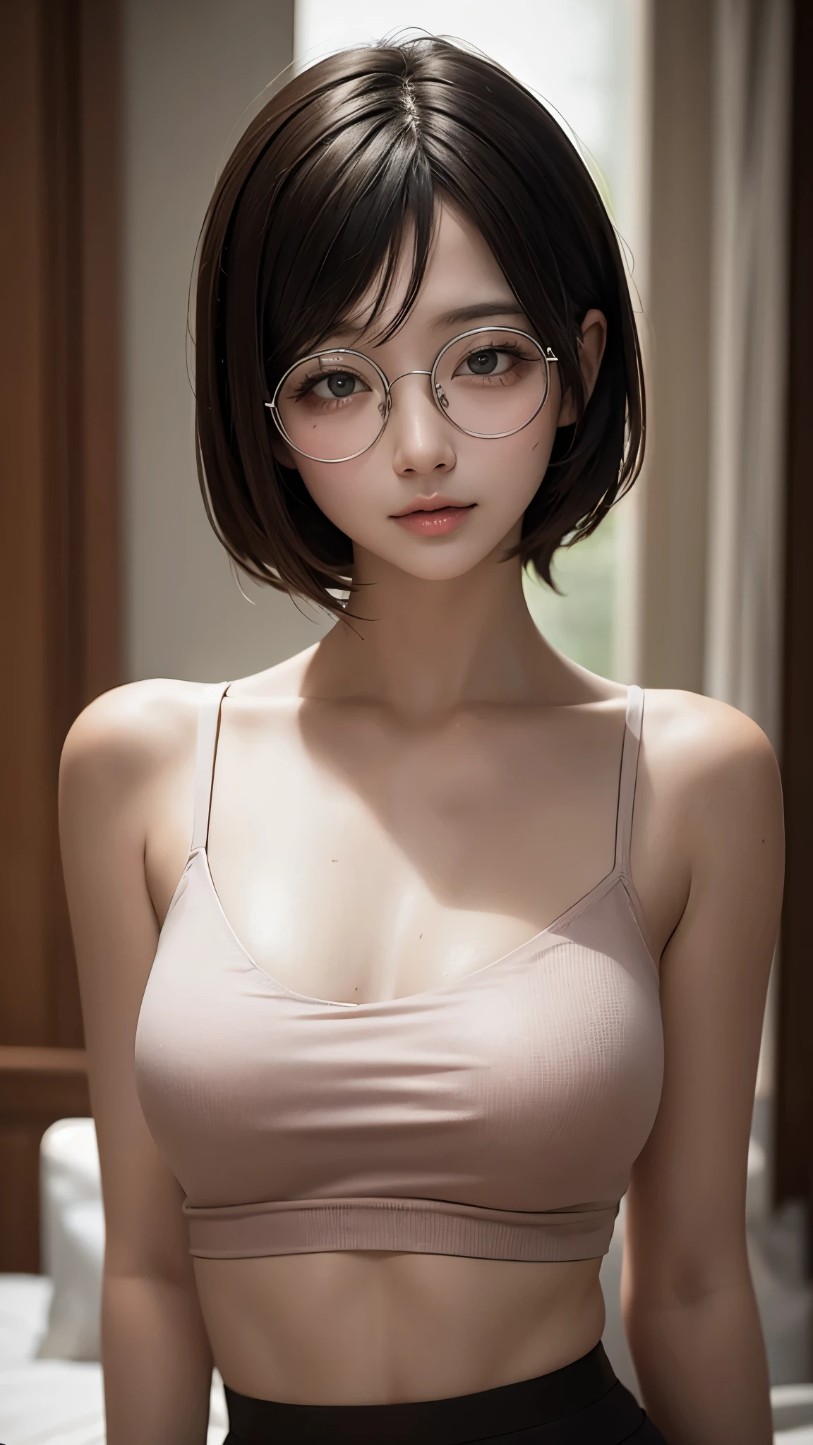 (RAW photo, best quality), (realistic, photo-realistic:1.2), 1girl, high quality, (high detailed skin:1.4), puffy eyes, glasses, gorgeous hair,  (dark room:1.3), (rim lighting:1.3), (dimly lit:1.3), (dark night:1.3), indoors, portrait, black hair, dark background, short hair,  