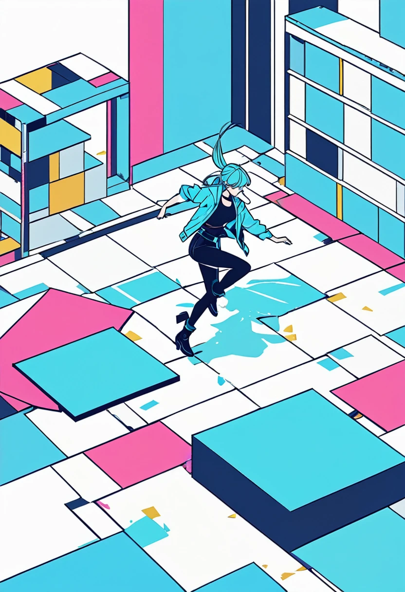 simple,blankspace,flat color,isometric minimalist design,(girl dancing breaking,Airtrax), neo-pop style illustrations, minimalist canvases, and animated visuals, using blue palette,