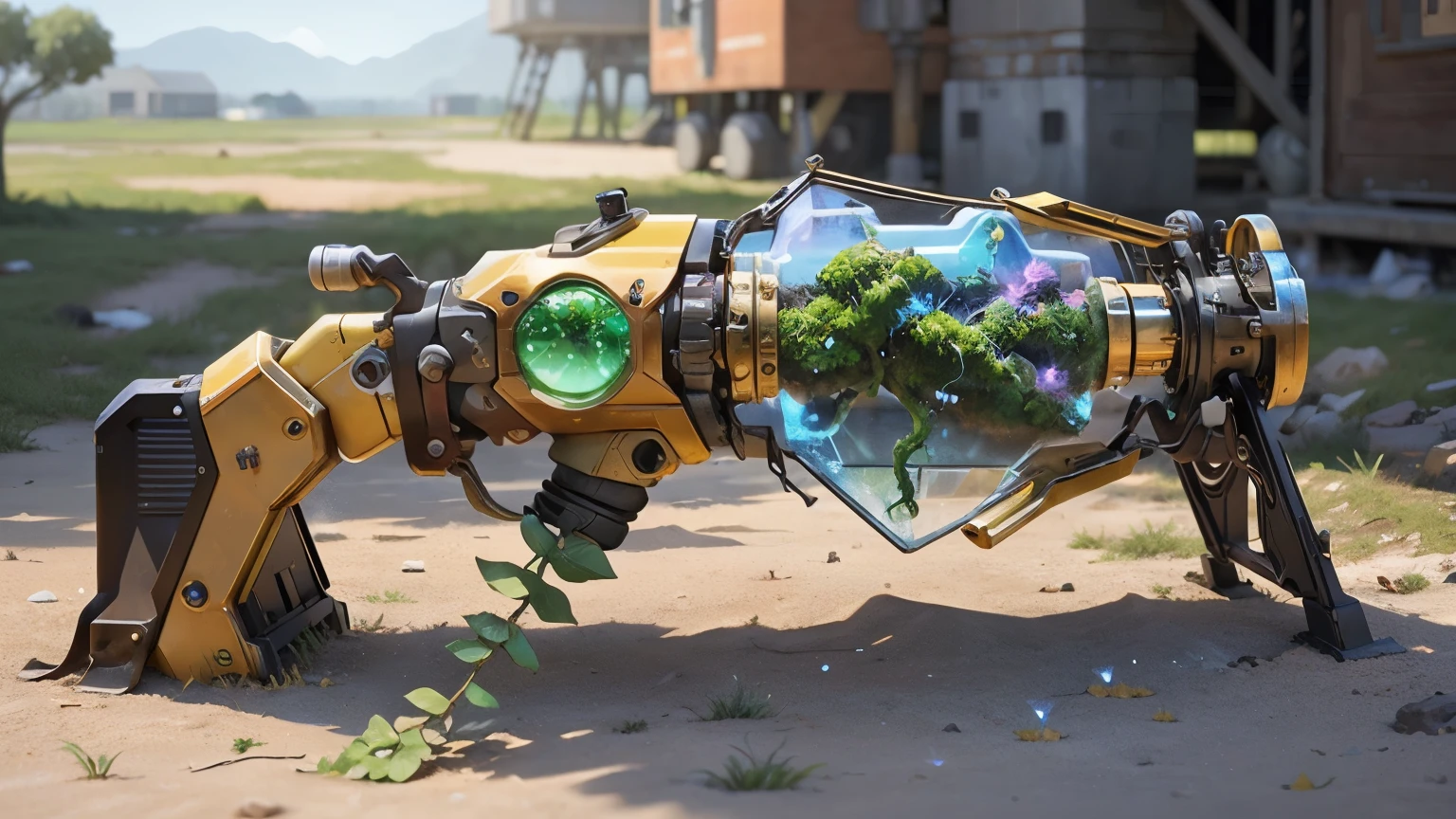 Science Fiction，unmanned，The gun has crystal，Gold gun，plasma，Plant and machine combination，moss，The vine plant attached to the gun，cgi，Realism，Light and Shadow，HD，Extreme details，high resolution，Outdoor scene on the ground，There are colorful particles floating around