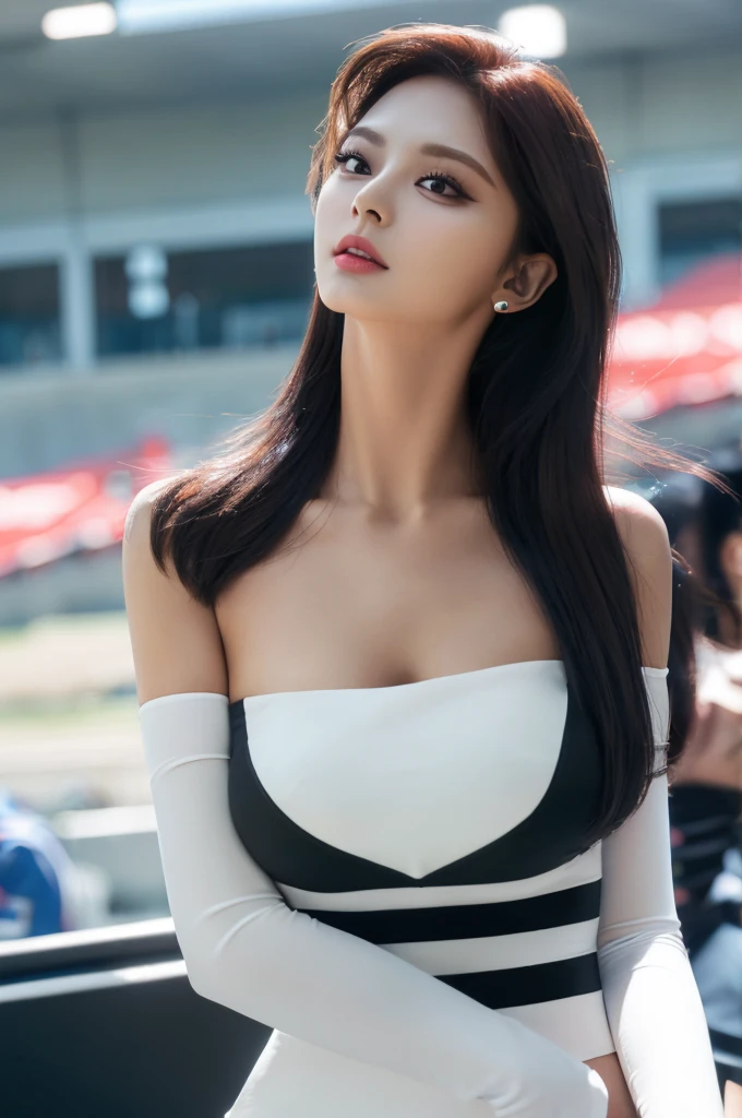 Tzuyu 1, woman, (Realistic), (Hyperrealism), (photoRealistic), Depth of written boundary, eye make up:0.7 (whole body:1.2), (Large Bust),(Tight waist), Watching the audience,In the pits at the racing track, Race Queen, Sexy dress with open shoulders and neckline