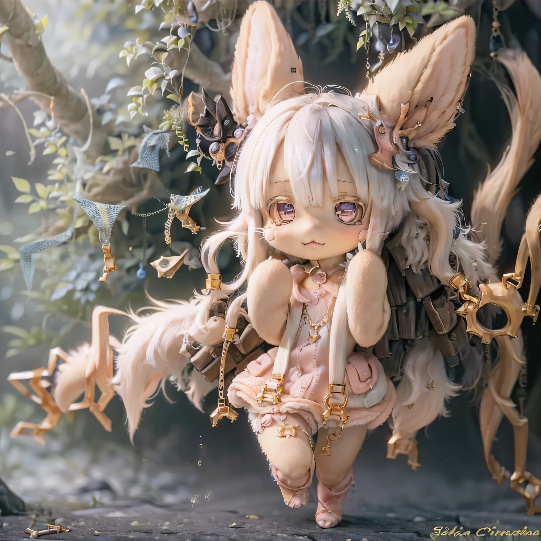 in the garden, Smiling girl, Similar to Nanachi from Made in Abyss. She is beautiful, Beautiful eyes and lips. girl (((Chibi Style,))) . The image quality is of the highest quality, Highly detailed and realistic features. The medium of this work is、Combining illustration and photorealistic rendering.. The colors are vivid、The lighting creates a warm and bright atmosphere。Casual Full Body(((((Cute pink dress)))))Contrasting