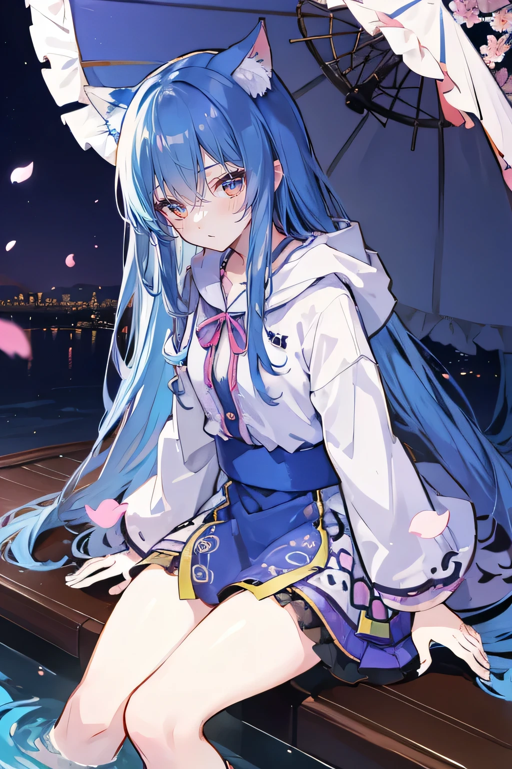 A girl in a Japanese anime style, with beautiful detailed eyes, delicate facial features, fair skin, and long flowing blue hair. She has cat ears and is wearing a hoodie, with flowing clothes and a gentle, peaceful expression on her face. She is sitting with crossed legs, surrounded by falling petals, in a cool and comfortable pavilion setting with a view of Tokyo in the background. The scene has a masterpiece-level of detail and quality, with vivid colors, realistic lighting, and a dreamlike, ethereal quality. 

(A girl in a Japanese anime style, beautiful detailed eyes, delicate facial features, fair skin, long flowing blue hair, cat ears, hoodie, flowing clothes, gentle peaceful expression, crossed legs, falling petals, cool comfortable pavilion, Tokyo background, masterpiece quality, vivid colors, realistic lighting, dreamlike ethereal)