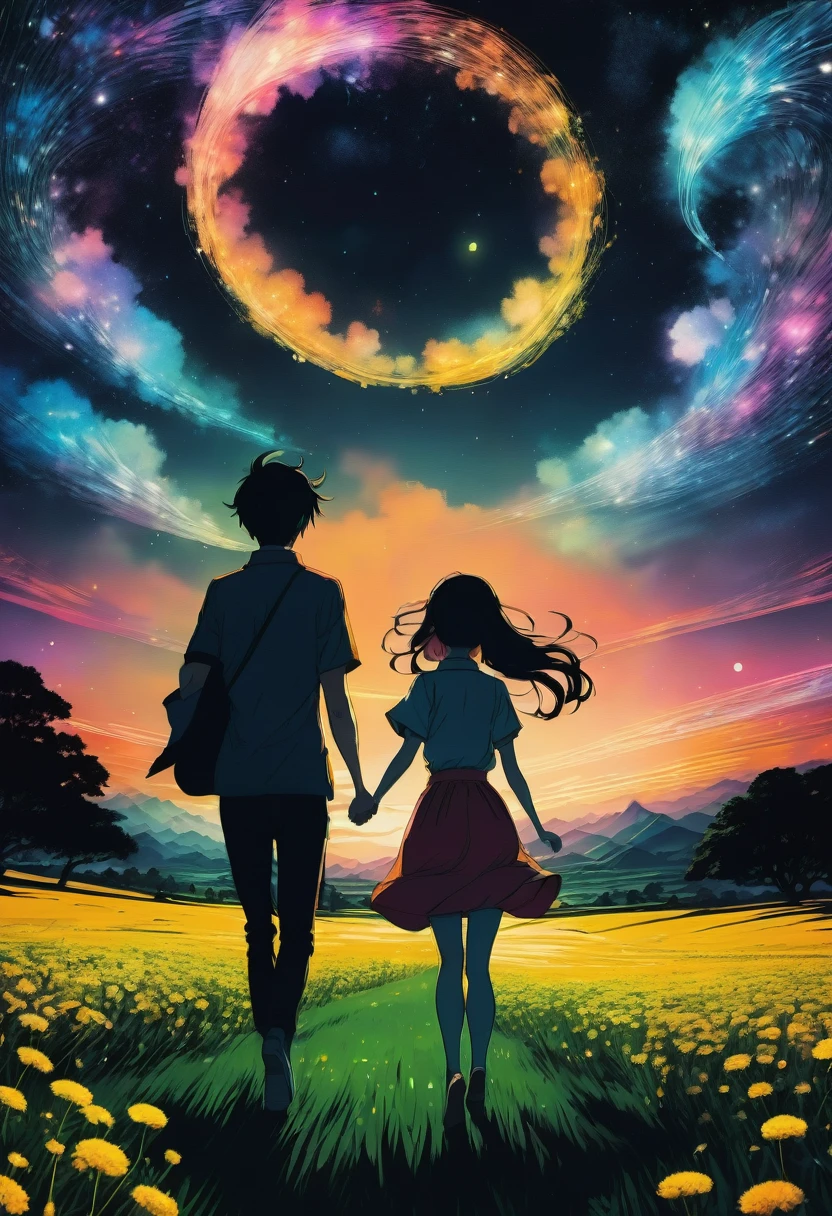Couple Photo, aesthetic, There's a young woman and young man holding each other's hand in a field of dandelions at night while running, by artist "anime", Anime Key Visual, Japanese Manga, Pixiv, Zerochan, Anime art, Fantia