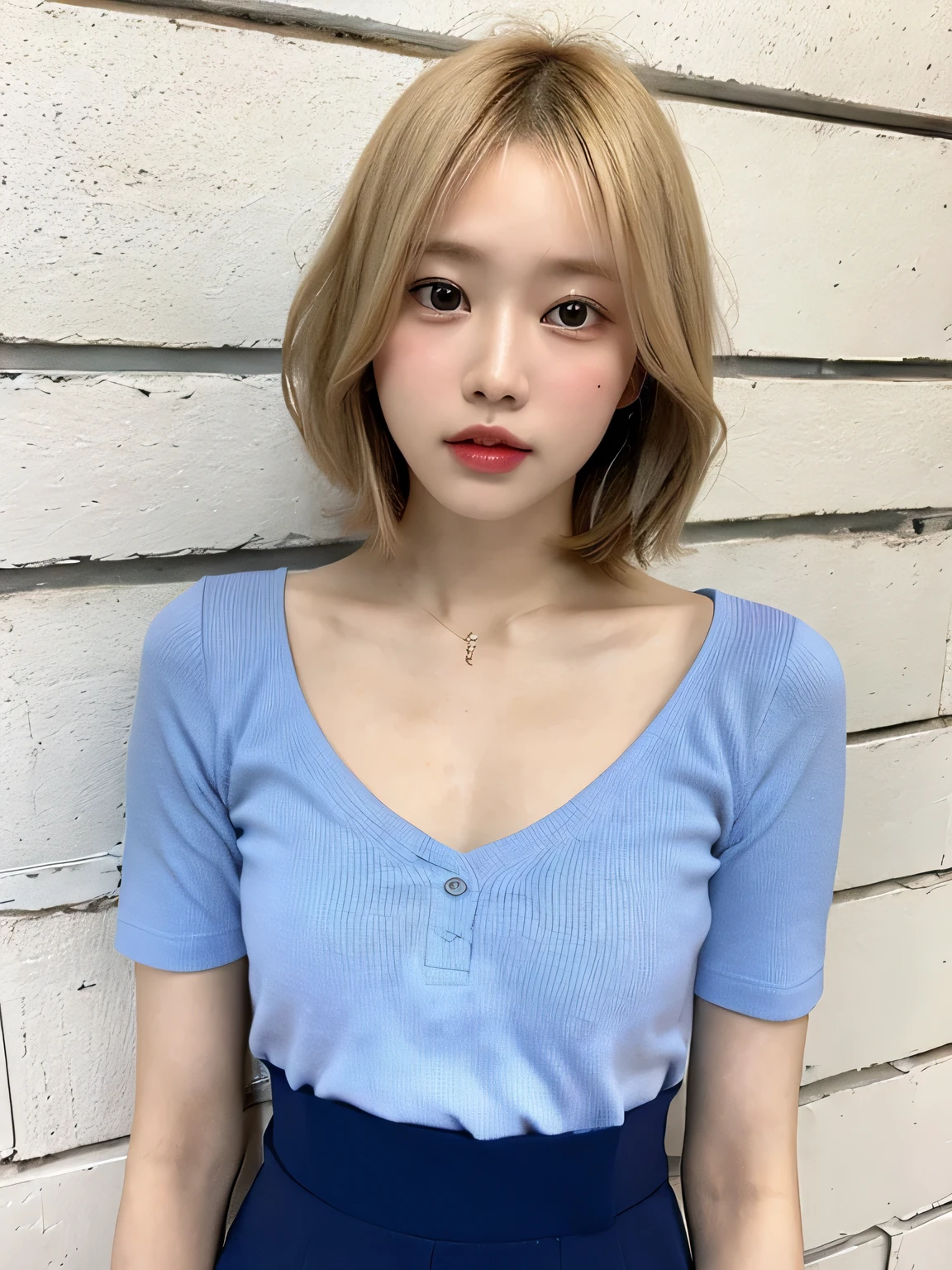 one person、16 years old、Full body photo、slender、woman、White drool coming out of the mouth、short hair、Blonde、  Fair skin, messy hair, super cute、Soft and Face、8K resolution、Surreal、Ultra high definition、 A-cup small breasts（（Highest resolution、8k、masterpiece：1.3））、Ultra-fine face、Ultra Fine Lips、Beautiful Eyes、double eyelid,Light blue wall、Purple open front shirt:1.1、Yellow mini skirt、Thighs、thin,Thighs are visible、Shapely small breasts、