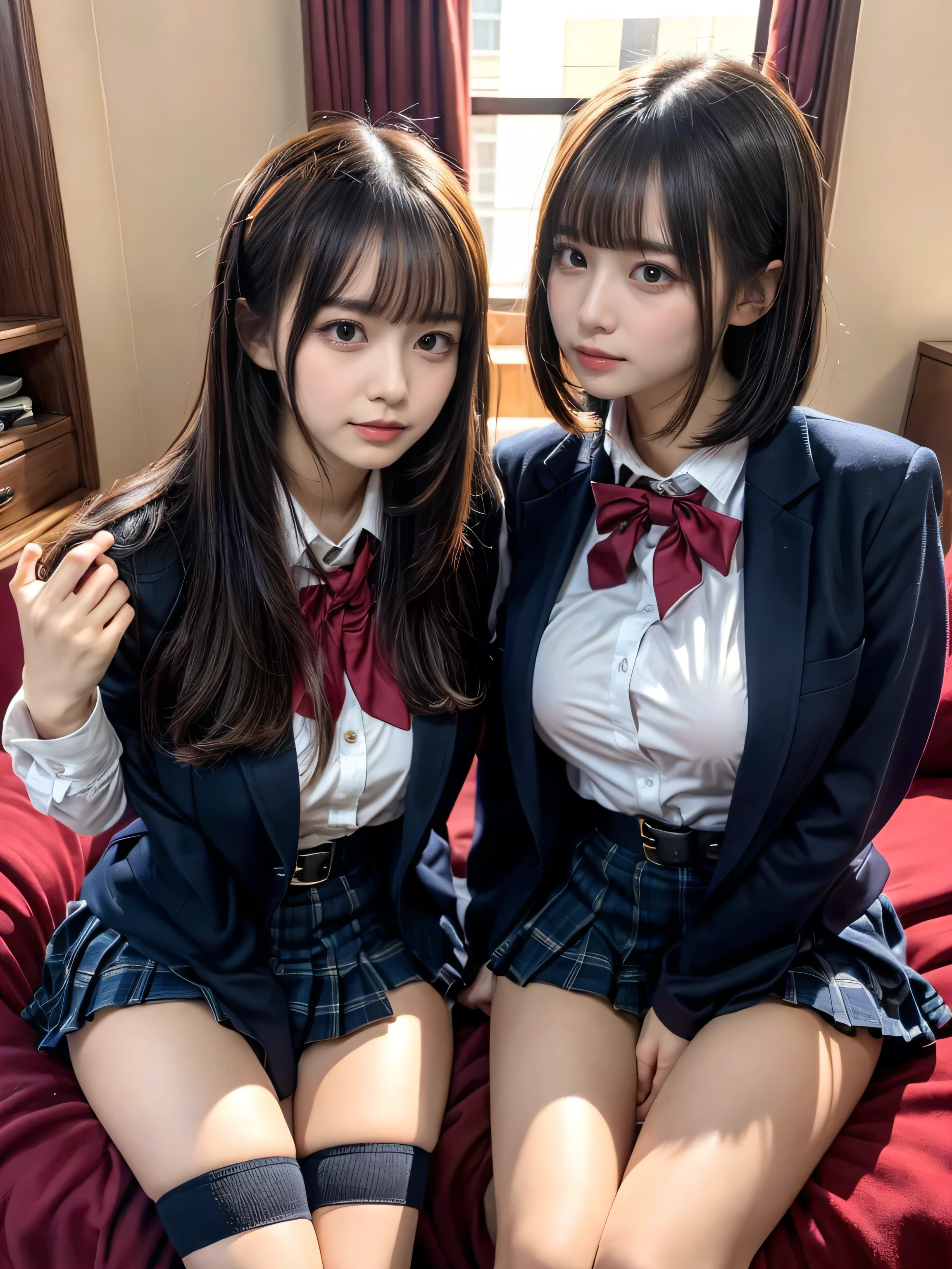 (8K, Raw photography, top-quality, masterpiece:1.2), muster piece, best quality, illustration, Super detailed, fine details, High resolution, 8K,wall paper, perfect dynamic composition,(Details High quality, realistic depiction of eyes:1.3), ((2 girls, 2 girls)), The background is a luxury hotel room、High school girl uniform、blazer 、Super Short Check Uniform Skirt、Navy blue high socks、garterbelts、Colossal tits、Disturbed uniform, Play with each other,Touching each other's bodies,Touching the body of the girl next door, short bob hair, black hair color, huge breasts, Big Natural Color Lip, bold sexy pose, (perfect body shape), crying a little、cold gaze, Beautiful makeup,glitter makeup,Cutest 18 years old、 beautiful legs, hposing Gravure Idol, Voluptuous thighs