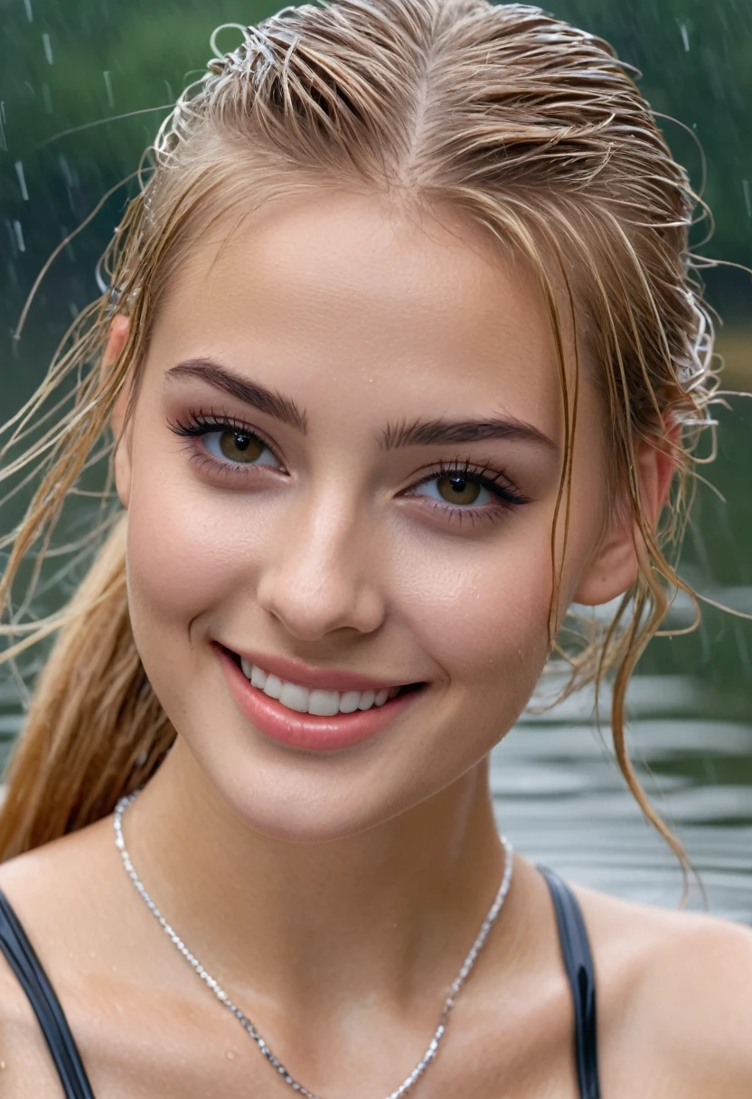hyperrealistic beautiful busty 18-year-old women with long legs wearing vinyl fullbody swimsuit, model shooting full body photography, soaky wet skin, natural blonde long straight ponytail, dark eye makeup with eyeliner, seductive smile, small necklace, 8K, Best quality, Meisterwerk, ultra high resolution, (Realismus: 1.4), Originalfoto, (realistische Hautstruktur: 1.3), (Filmkorn: 1.3), (Selfie-Winkel), 1 girl, Beautiful round hazel eyes and facial details, Meisterwerk, Best quality, posing outside in the rain