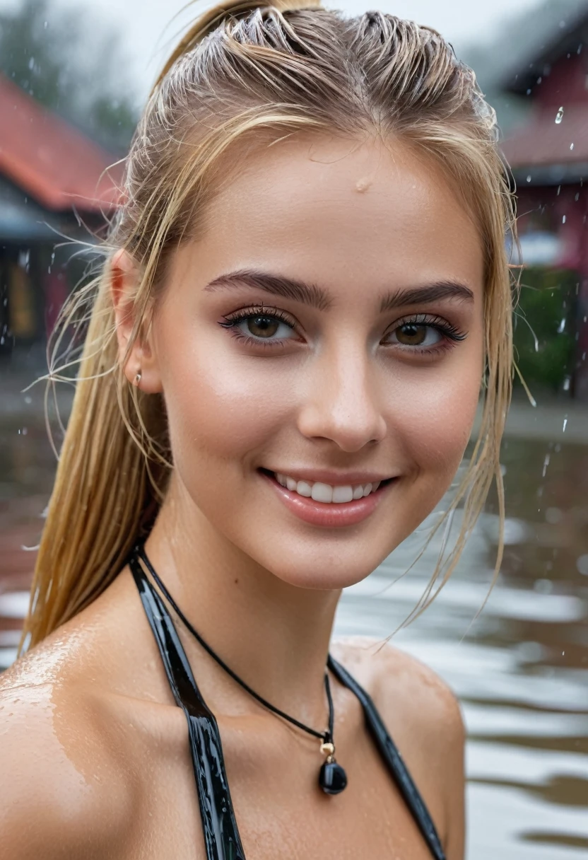 hyperrealistic beautiful busty 18-year-old women with long legs wearing vinyl fullbody swimsuit, model shooting full body photography, soaky wet skin, natural blonde long straight ponytail, dark eye makeup with eyeliner, seductive smile, small necklace, 8K, Best quality, Meisterwerk, ultra high resolution, (Realismus: 1.4), Originalfoto, (realistische Hautstruktur: 1.3), (Filmkorn: 1.3), (Selfie-Winkel), 1 girl, Beautiful round hazel eyes and facial details, Meisterwerk, Best quality, posing outside in the rain