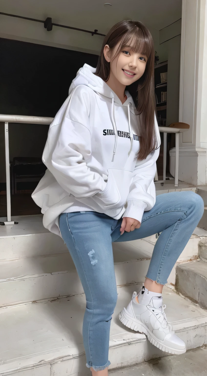 highest quality, Realistic, Very detailed, Finer details, High resolution, 8k wallpaper, One beautiful woman,Sit on the stairs、（Wear black socks）smile、（Beautiful teeth alignment、）（Gums are visible） Oversized hoodie, Skinny jeans,（ Black sneakers）、Black Hair、 Beautiful Bangs、ear piercing、Perfect dynamic composition, Beautiful and detailed, Full Body Shot, A big smile brown hair