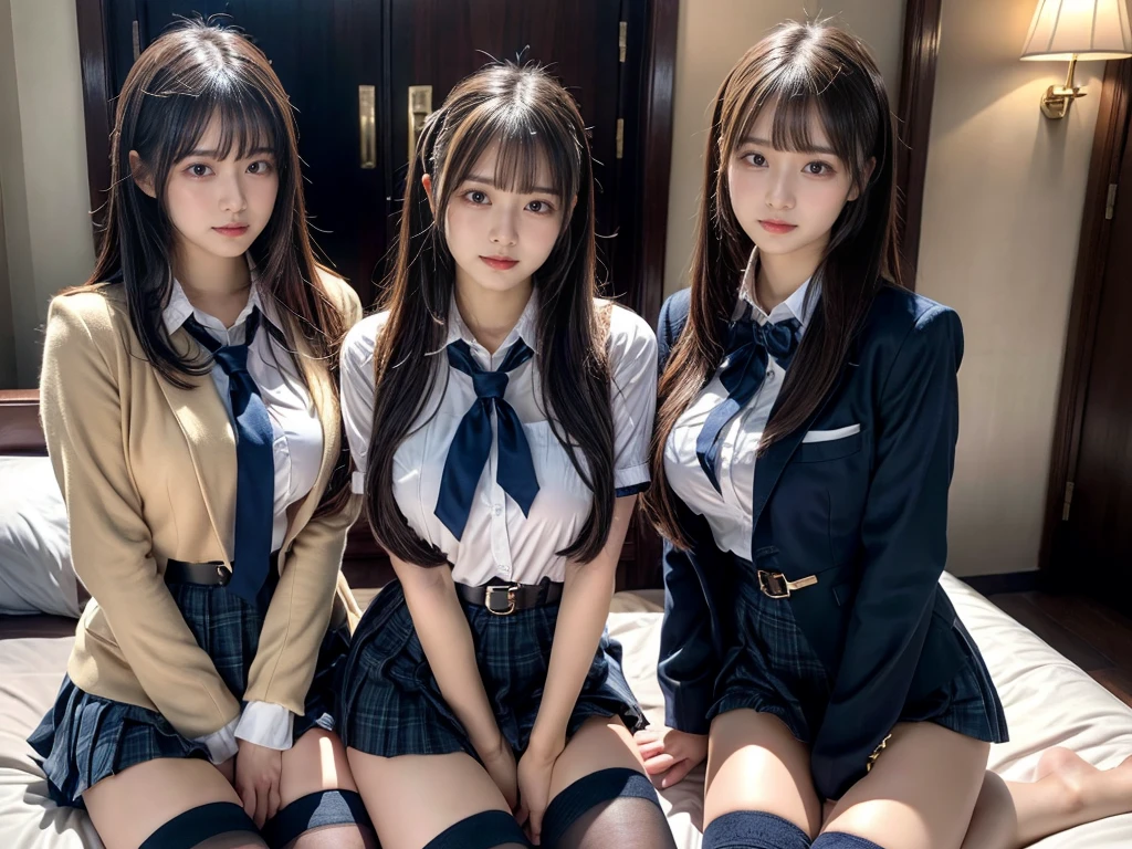 (8K, Raw photography, top-quality, ​masterpiece:1.2), master piece, best quality, illustration, Super detailed, fine details, High resolution, 8K,wall paper, perfect dynamic composition,(Details High quality, realistic depiction of eyes:1.3), ((2 girls, 2 schoolgirls)), The background is a luxury hotel room、High school girl uniform、blazer 、Super Short Check Uniform Skirt、Navy blue high socks、garterbelts、Colossal tits、Disturbed uniform, Play with each other,Touching each other's bodies,Touching the body of the girl next door, short bob hair, black hair color, huge breasts, Big Natural Color Lip, bold sexy pose, (perfect body shape), crying a little、cold gaze,  Beautiful makeup,glitter makeup,Cutest 18 years old, beautiful legs, hposing Gravure Idol, Voluptuous thighs