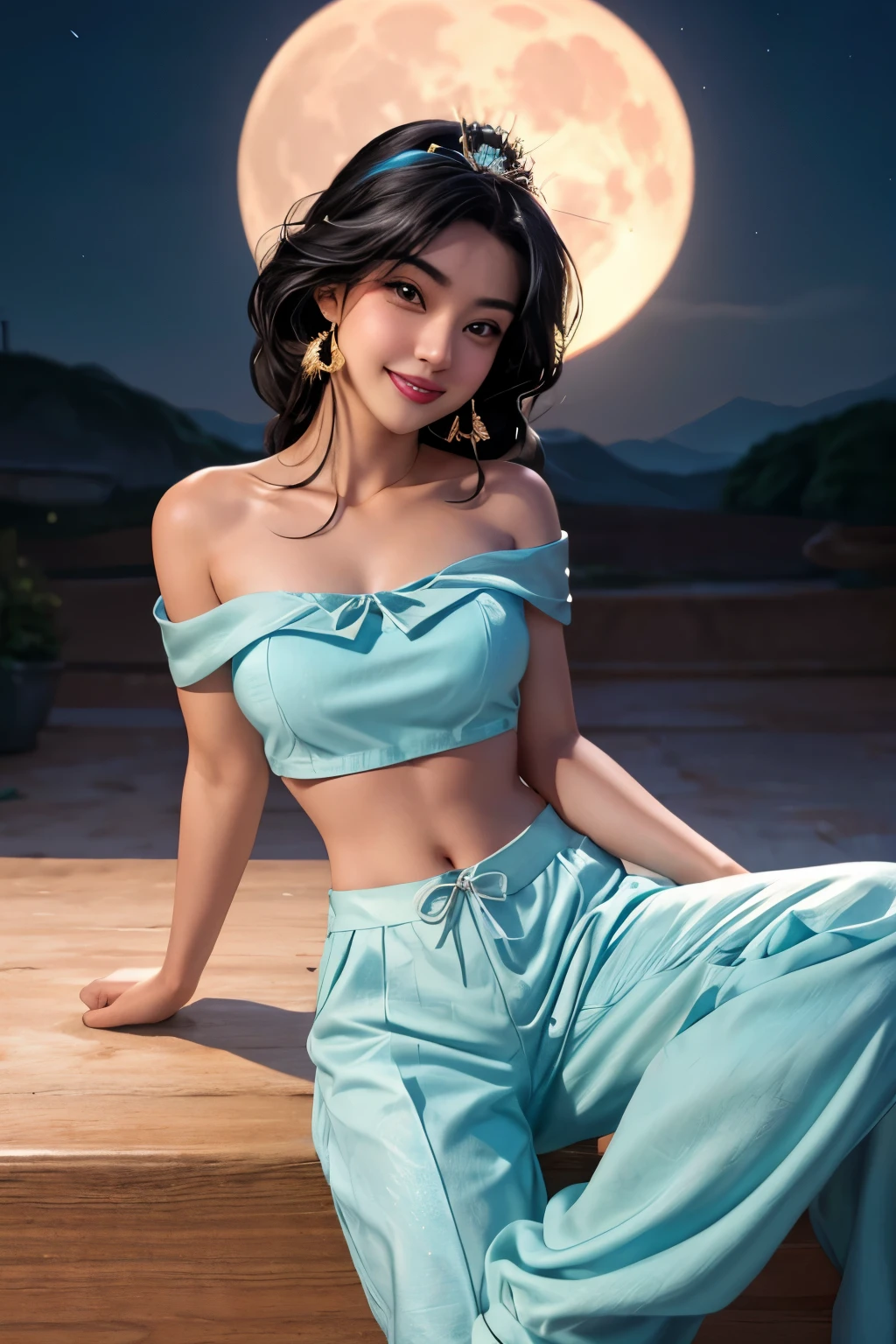 Jasmine 1 person, alone, View Viewer, smile, shirt, Exposing shoulders, jewelry, Sitting, whole body, flower, Earrings, pants, Off the shoulder, Crop top, compensate, bird, Border, moon, full moon, off-shoulder shirt (Realistic:1.2), (realism), (masterpiece:1.2), (highest quality), (Super detailed), (8k, 4K, Complex),(whole bodyショット:1), (85mm),Particles of light, Lighting, (Very detailed:1.2),(Detailed face:1.2), (Gradation), SFW, colorful,(Fine grain:1.2)(Detailed Background),Detailed landscape, (Dynamic Angle:1.2), (Dynamic pose:1.2), (The rule of thirds_composition:1.3), (Course of action:1.2)