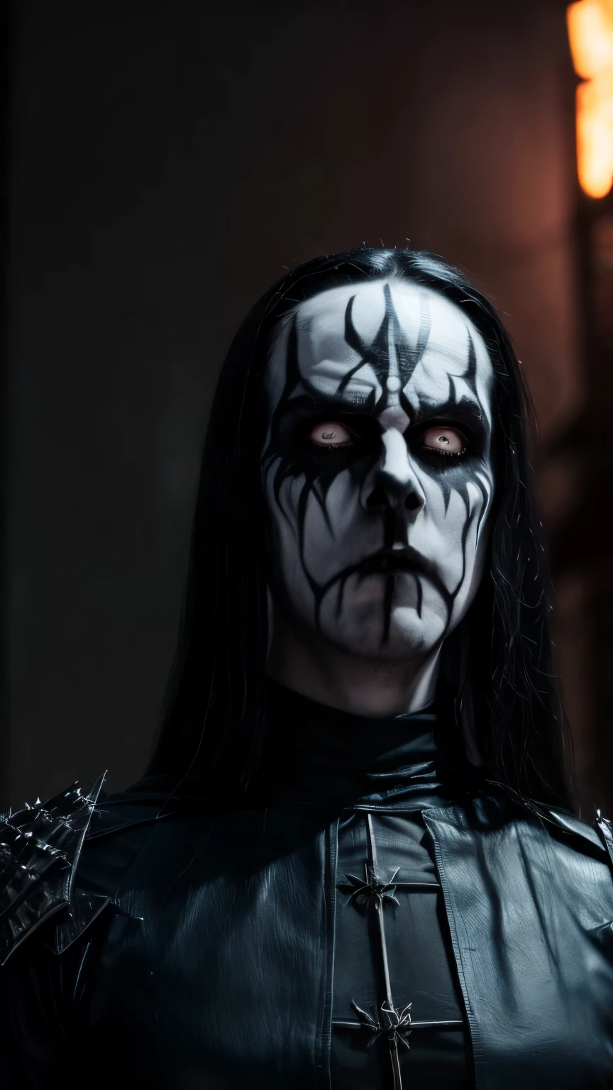 (masterpiece, best quality:1.2), (((1man, male))) , solo, highres, best quality, Half body shot of a strong Man, pale white skin angry man with (((black metal corpsy paint))), ((wtruff4 face, Angry face)) , heavy White and ((Black face paint, corpse paint)) wearing a black and silver armor, spike, in a gothic cemitery, at night, horror movie. high details, super detail, textured skin, masterpiece, UHD, 4K, 8k. ((Cinematic lighting)). Church on fire background 