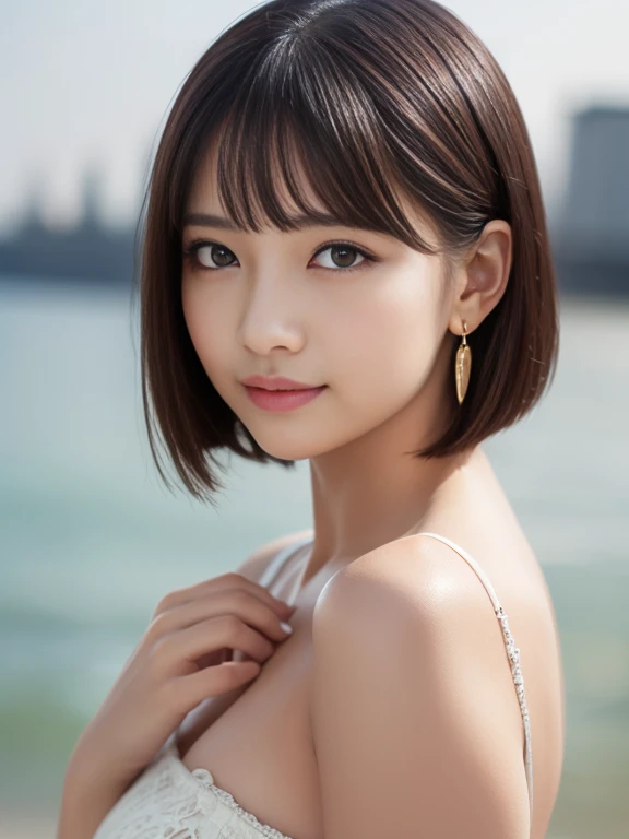 (masterpiece)、(highest quality:1.5)、(16k wallpaper:1.2)、(Photorealistic:1.2)、(Ultra-detailed:1.2)、(超A high resolution:1.2),(Surreal), (High resolution), (Very detailed), (Professional), (Realistic), (Post-processing), (Very detailed),(Sharp focus), Sharp focus:1.2,Photorealistic, Ultra-realistic, Backlight, Bright light, (Improvement of quality:1.4), Healthy thighs、Narrow waist、Big Ass、(Beautiful legs)、((Perfectly detailed five-fingered hands)),(Anatomically correct body)、((1 female:1.4))、Japanese、Asian、Realistic Skin、(Small chest:1.4),Pretty woman with perfect figure:1.4,(from the front:1.5), (Enhances the beauty of skin texture:1.1), (Beautiful fine details), (Detailed face),Beautiful realistic face,No makeup、美しいBlack Hair、Super Beauty、The best smile、Natural color lip、Even bangs、Hide eyebrows with bangs、((29-year-old woman))、Bob Hair、Hair blowing in the wind, (Black Hair, Iris, Watery eyes, Shining Eyes, Short bob cut hair, Small earrings, Lightly reddish), Hair behind the ear、No makeup、(Drooping eyes)、Drooping eye corners、Professionalのカメラマンが撮影した写真,1 girl, Seaside、port、