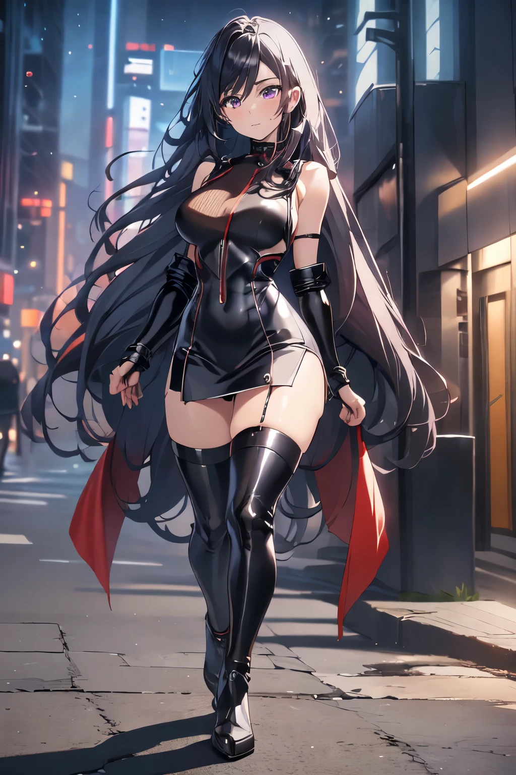 beautiful, Alone, 1 woman, Long hair, black hair, blue highlights at the ends of the hair, purple eyes, black leather bodysuit, pleassed skirt, red cloak, futuristic, cyberpunk, cinematic angle, Cinematic lighting, Work of art, best quality, nsfw, crotch rubbing