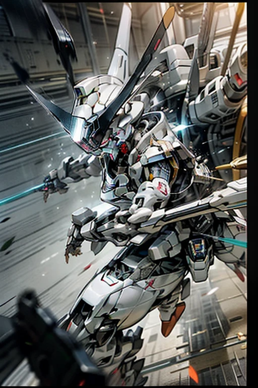 3Dillustration((4K)),Japanese animation severely damaged by fierce fighting,A scene where Gundam is hit