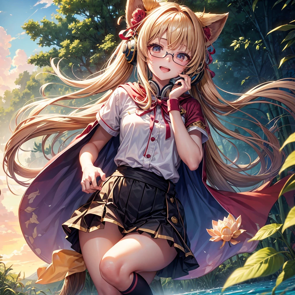Pink Blue Gold Golden Hair、Golden Eyes、Two good looking girls、Twin tails、solo、anime、Checkered mini skirt、The skirt has buttons、Red T-shirt、China、Cape、Black knee-high socks、Wearing headphones、Wearing a ribbon、Ribbon on waist、Tilting face、Teeth are visible、Sunset sky、Water Mountain、Piercing the clouds、Contrail、Glasses、tree、Touching your face、lotus leaves、canal、Cumulonimbus、bamboo forest、Facing each other