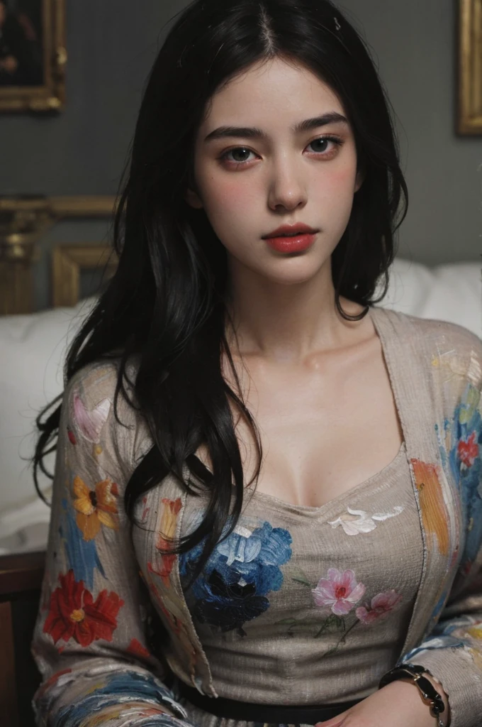 (masterpiece, top quality, best quality,8k,17 years old girl,ultra detailed,raw photo:1.5),(photorealistic:1.4),(cinematic lighting), PerfectNwsjMajic, , Surrealism, UHD, ccurate, Super detail, textured skin, High detail, Best quality, dynamic angle, (high nose,White skin),[Beautiful eyes],[flat chest:large breasts:0.5],(1girl),(good anatomy:0.5)),(Oil painting: 1.5),

\\

A woman with long black hair, (a detailed painting: 0.353), (Gothic art: 0.106)