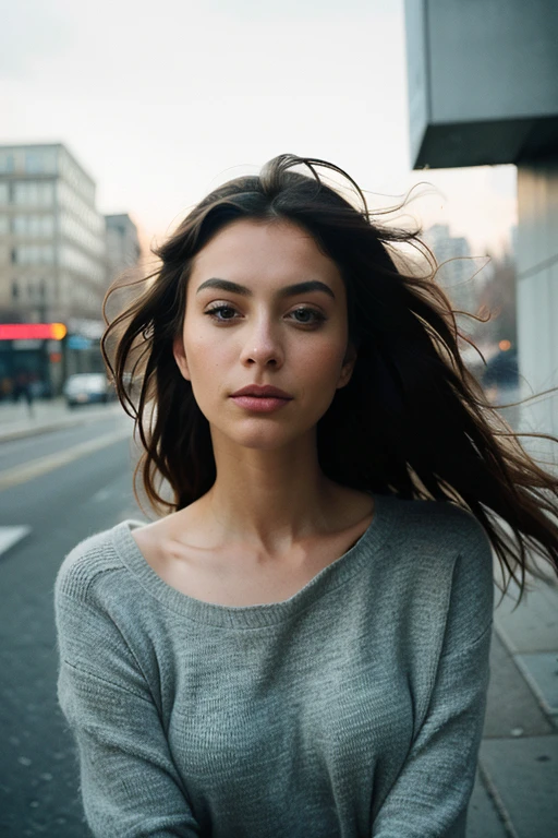 Ultra-detailed, hauntingly beautiful portrait of a woman, capturing a moment of frozen movement on a windy day. The woman's long, wild hair dances around her face in the wind, adding a sense of ethereal mystery to the image. The scene, reminiscent of the New York School, is filled with muted colors and textures that evoke a sense of urban desolation. The woman's captivating gaze is fixed on an unseen distance, adding to the overall sense of haunting elegance.
Shot with a Voigtlander Bessa R2M, this photo features toy camera effects, such as vignetting and chromatic aberration