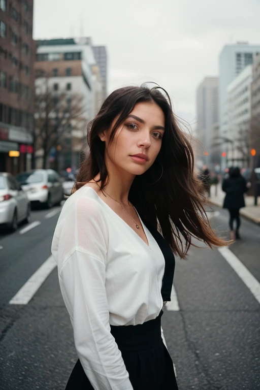 Ultra-detailed, hauntingly beautiful portrait of a woman, capturing a moment of frozen movement on a windy day. The woman's long, wild hair dances around her face in the wind, adding a sense of ethereal mystery to the image. The scene, reminiscent of the New York School, is filled with muted colors and textures that evoke a sense of urban desolation. The woman's captivating gaze is fixed on an unseen distance, adding to the overall sense of haunting elegance.
Shot with a Voigtlander Bessa R2M, this photo features toy camera effects, such as vignetting and chromatic aberration