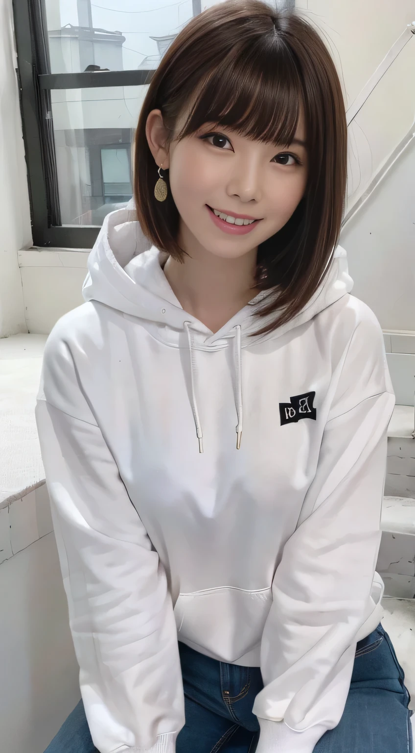 highest quality, Realistic, Very detailed, Finer details, High resolution, 8k wallpaper, One beautiful woman,Sit on the stairs、（Wear black socks）smile、（Beautiful teeth alignment、）（Gums are visible） Oversized hoodie, Skinny jeans,（ Black sneakers）、Black Hair、 Beautiful Bangs、ear piercing、Perfect dynamic composition, Beautiful and detailed, Full Body Shot, A big smile brown hair